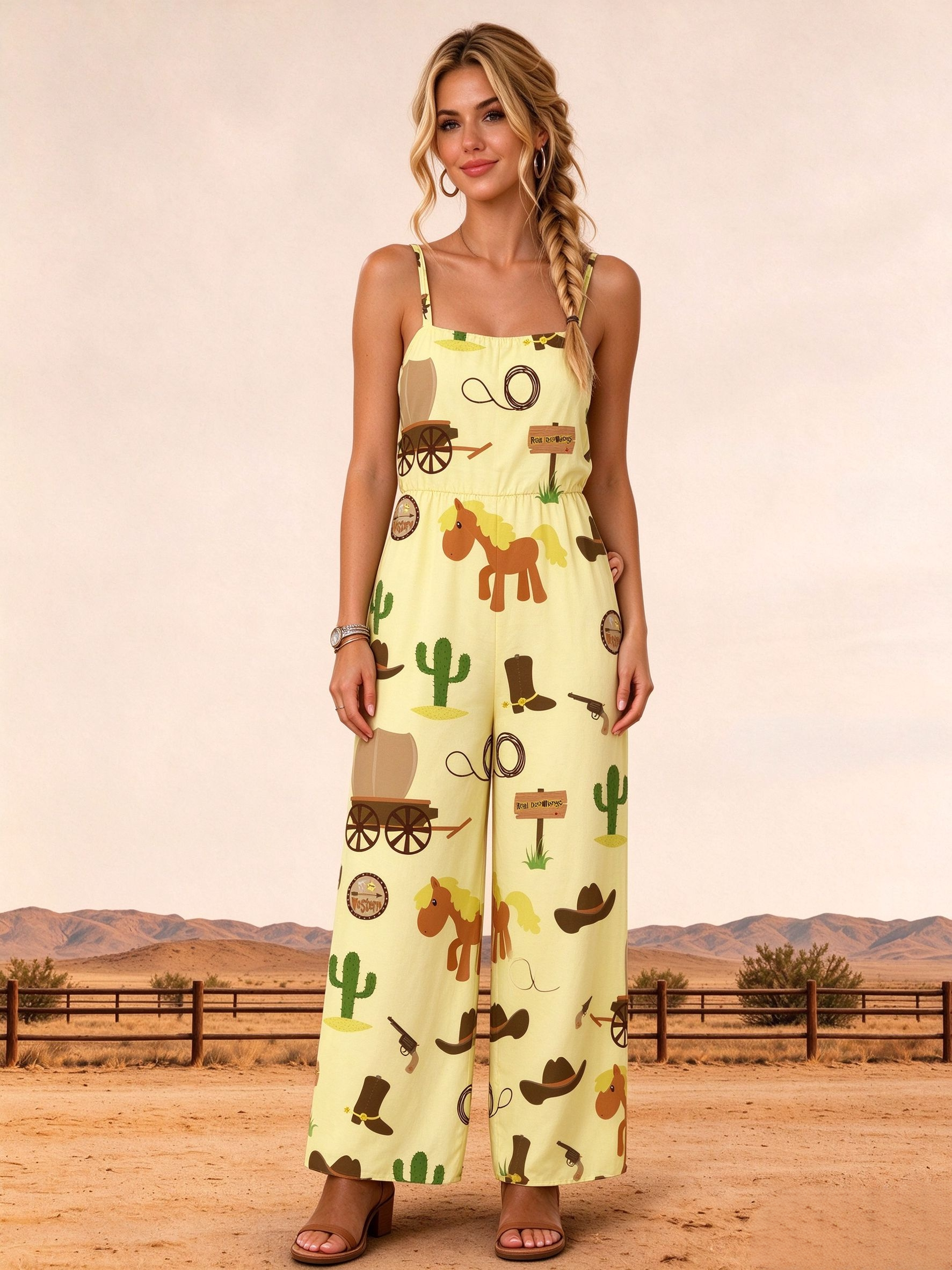 Western Cartoon Cowboy Print Spaghetti Strap Wide Leg Jumpsuit