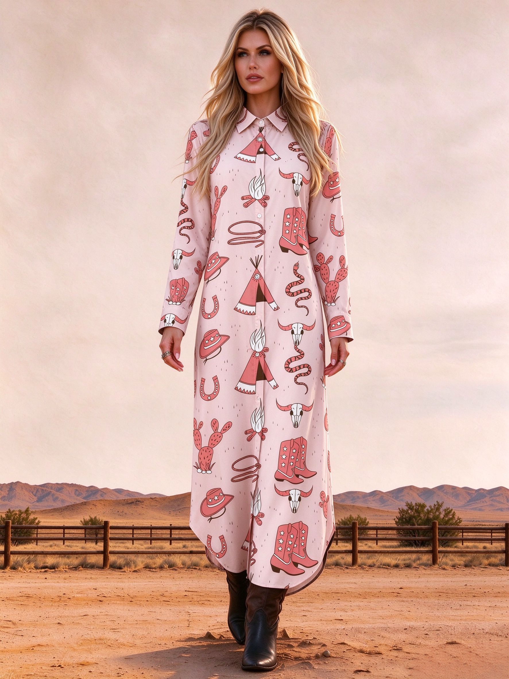 Pink Cowgirl Boot Graphic Long Sleeve Maxi Shirt Dress 