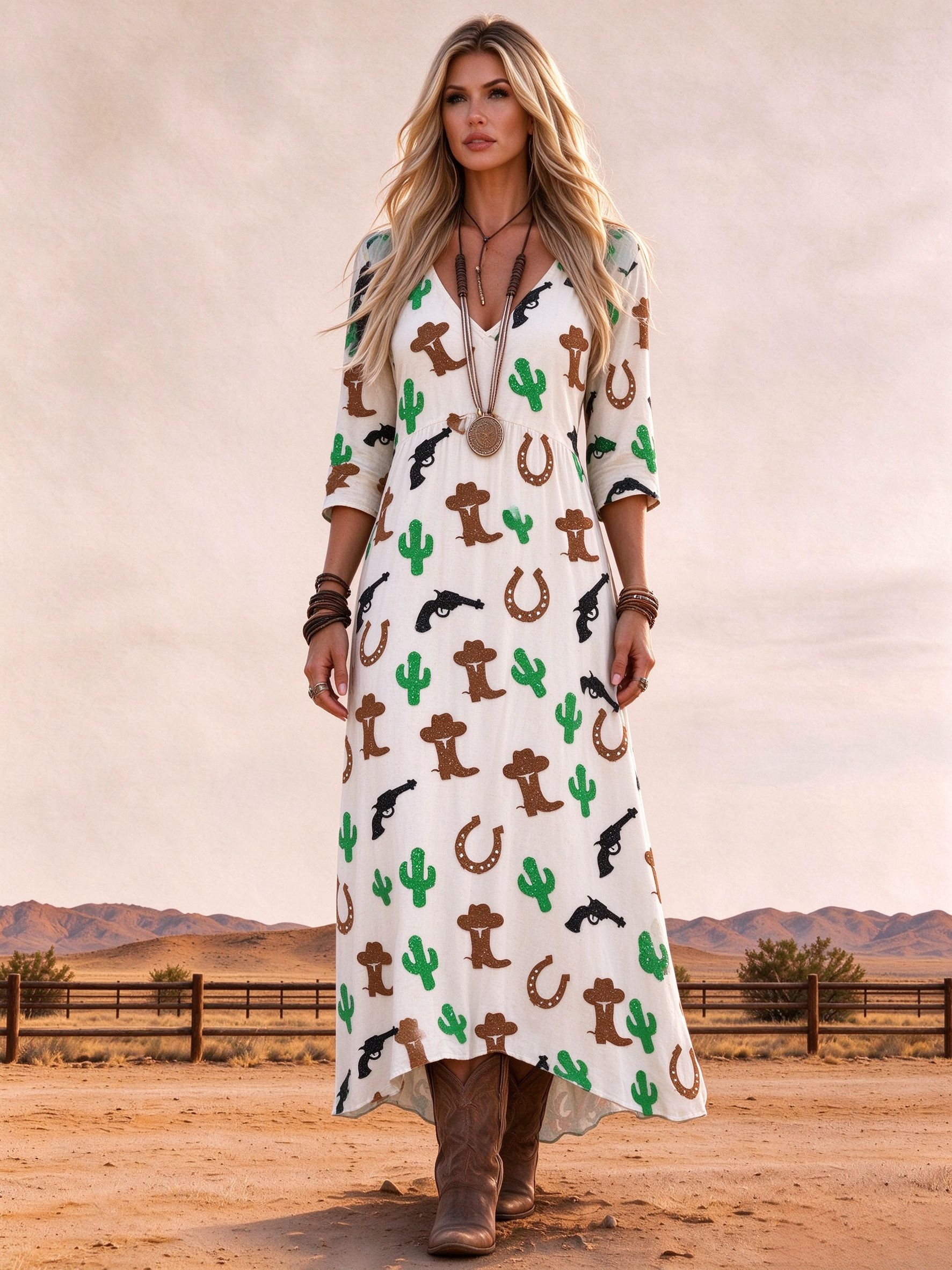 Western Cactus Horseshoe Revolver Print V-Neck Loose Casual Maxi Dress