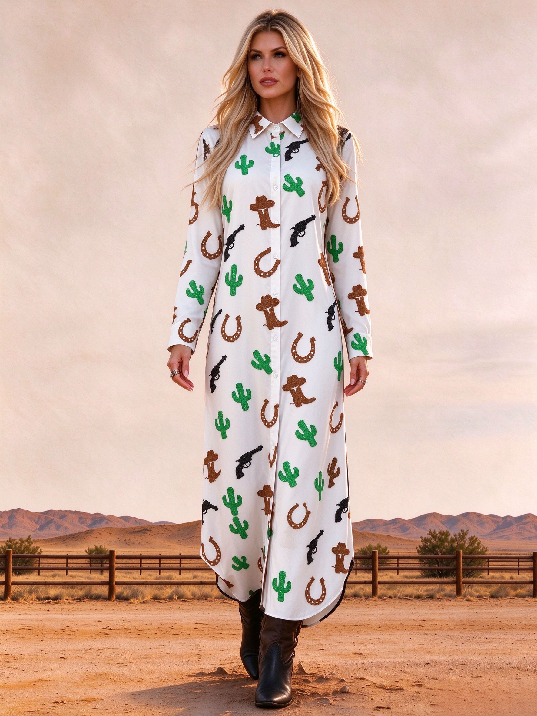 Western Cactus Horseshoe Revolver Print Button-Down Maxi Dress