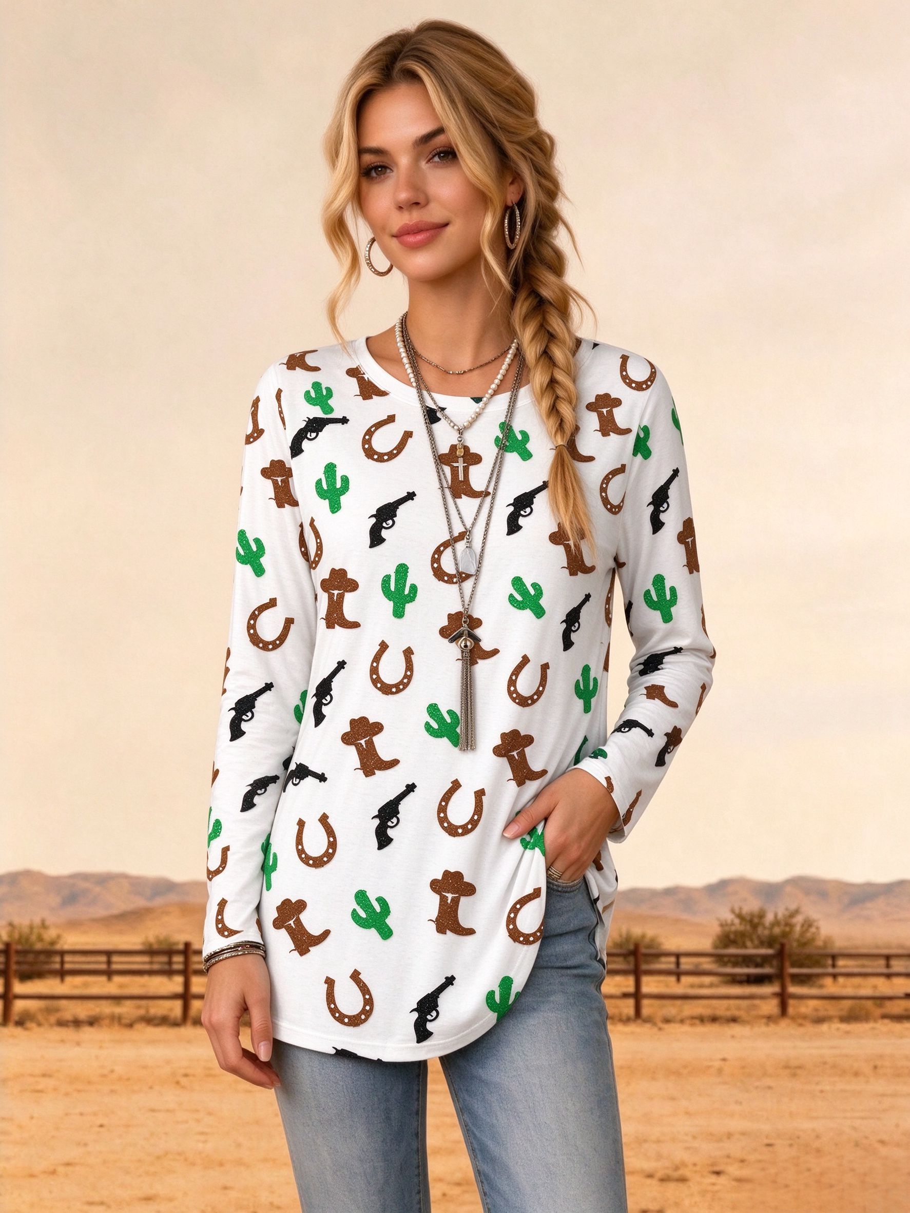 Western Cactus Horseshoe Revolver Print Loose Casual Tunic Tops