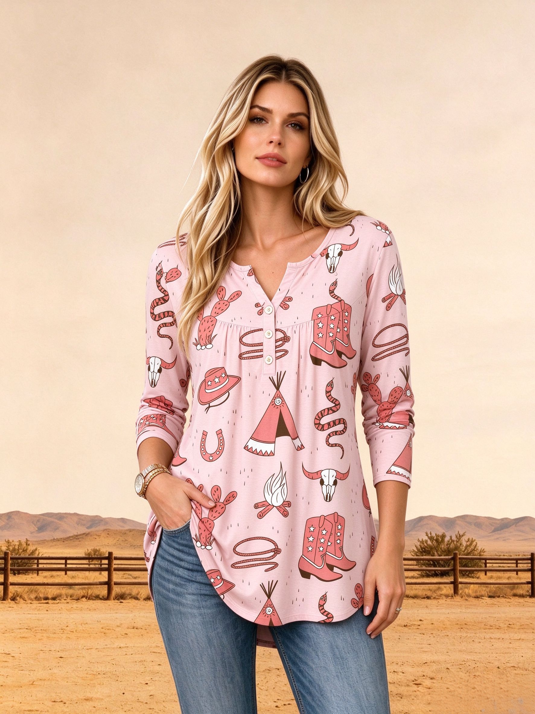 Pink Cowgirl Boot Graphic Casual Tunic Long Sleeve Henley Shirt