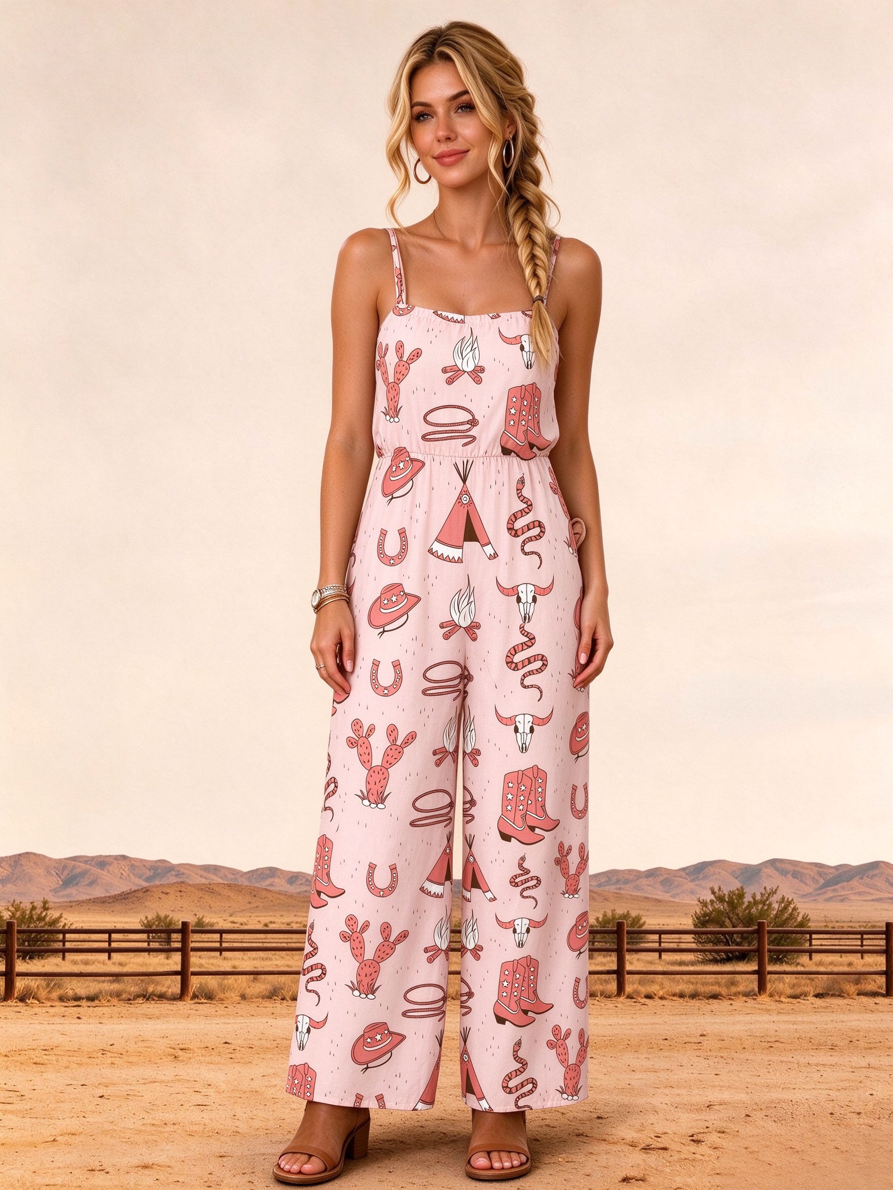Pink Cowgirl Boot Graphic Jumpsuits with Pockets