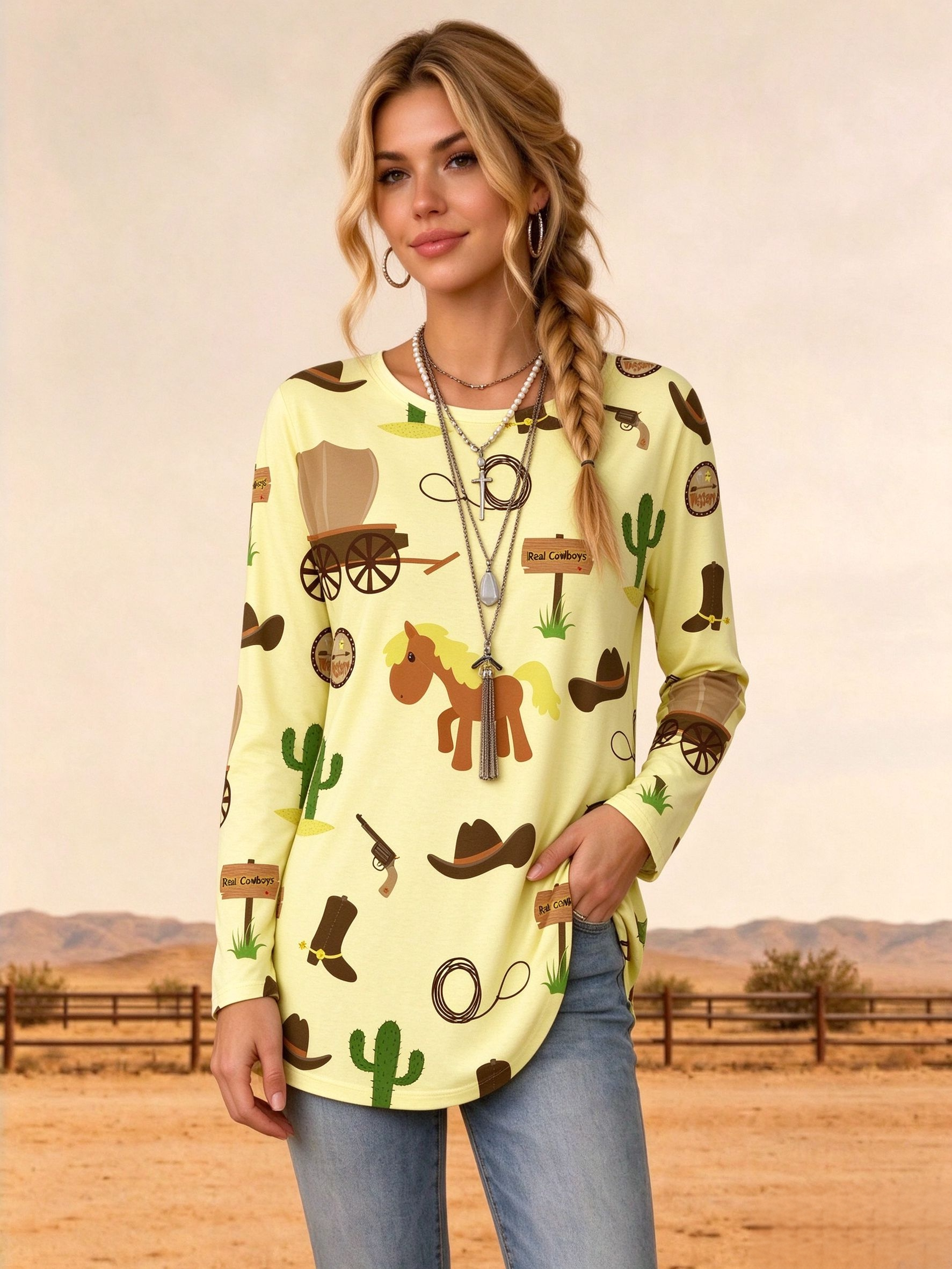 Western Cartoon Cowboy Print Crew Neck Long Sleeve Curved Hem Tunic Top
