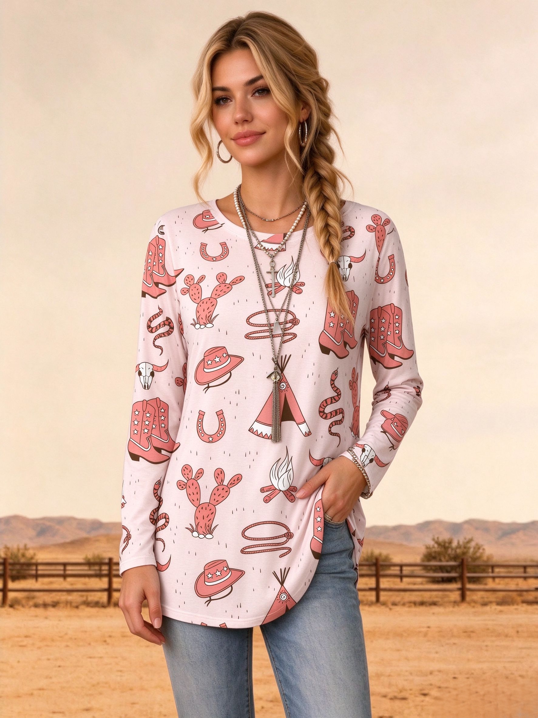 Pink Cowgirl Boot Graphic Loose Casual Tunic Tops