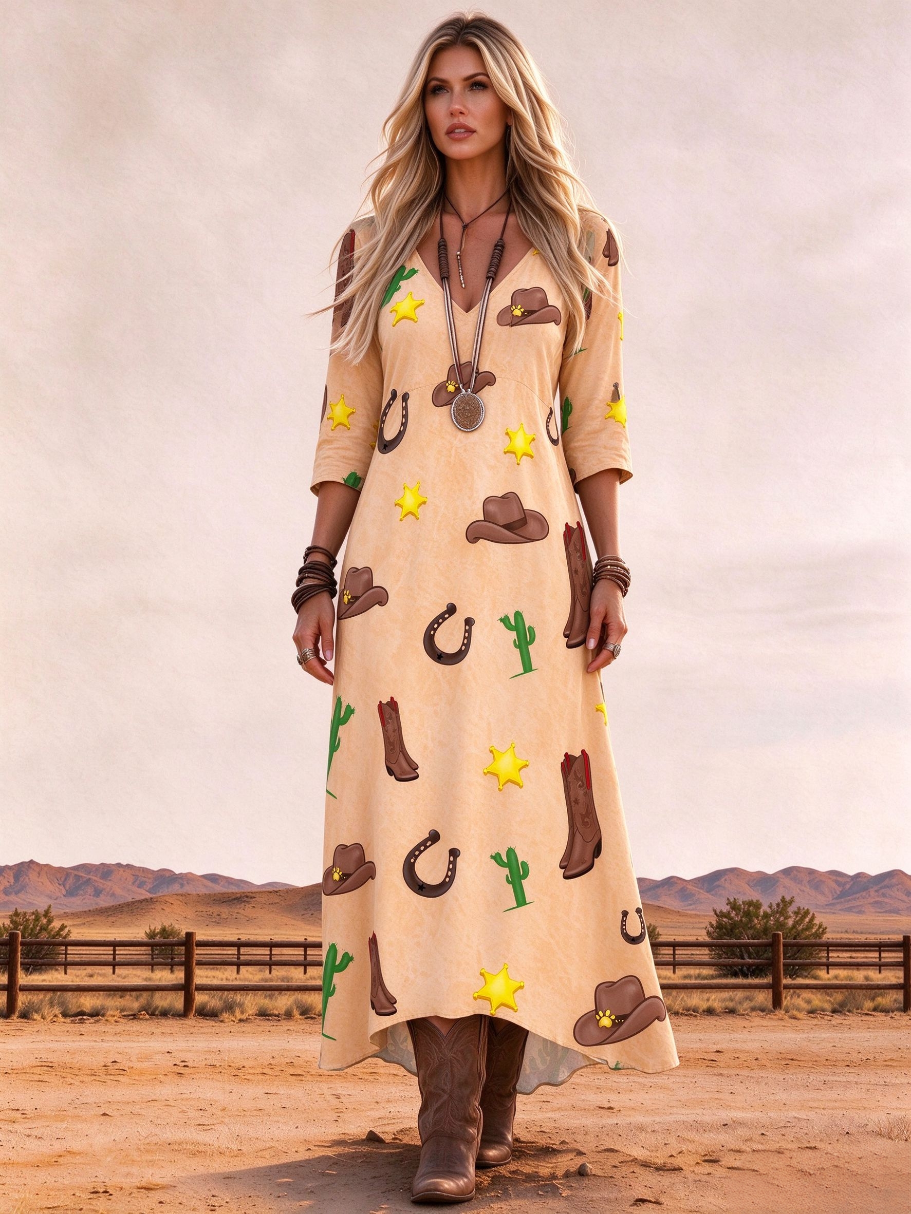 Vintage Wild West Star Horseshoe Print V-Neck Loose Casual Maxi Dress