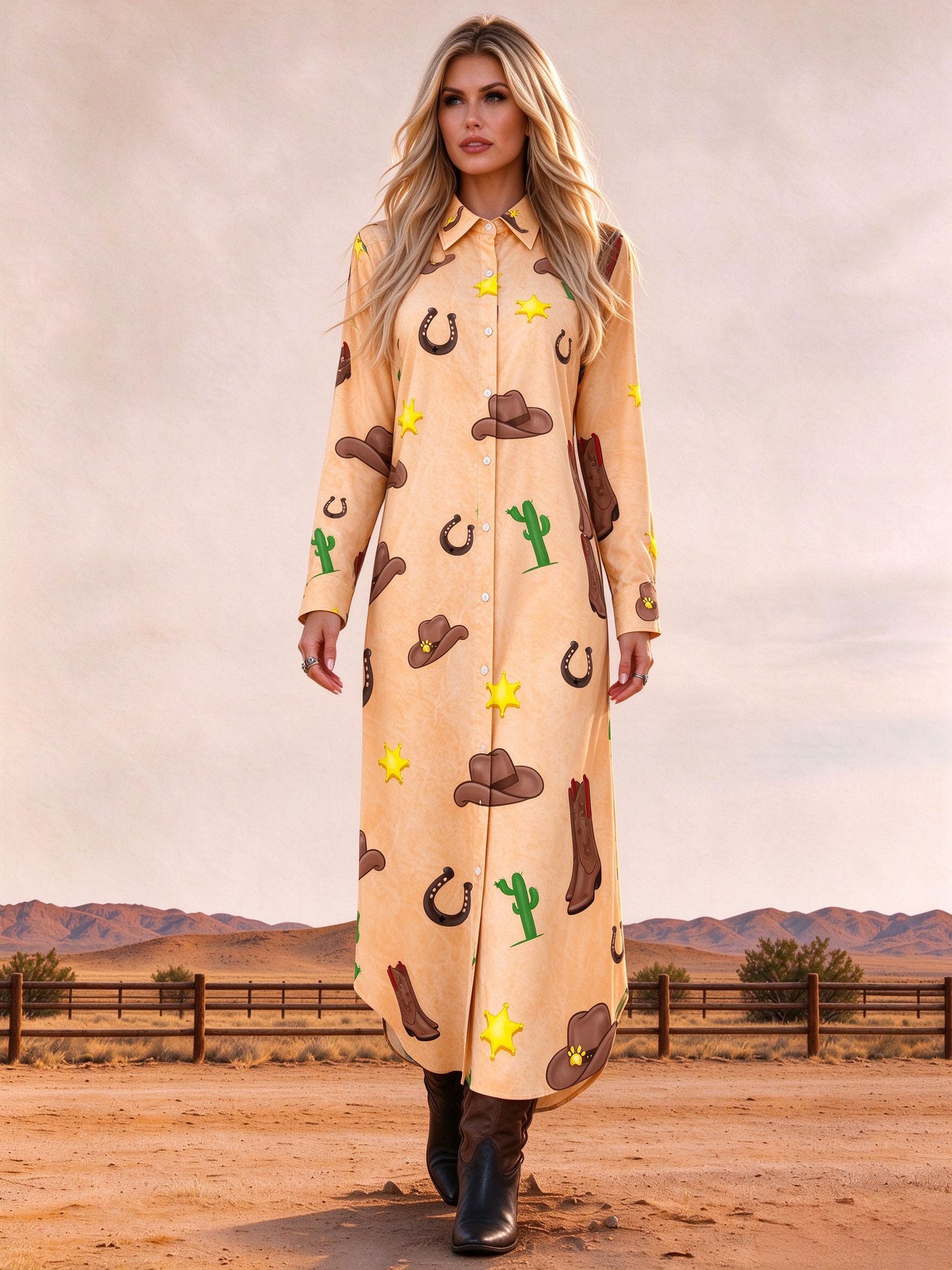 Vintage Wild West Star Horseshoe Print Button-Down Maxi Dress