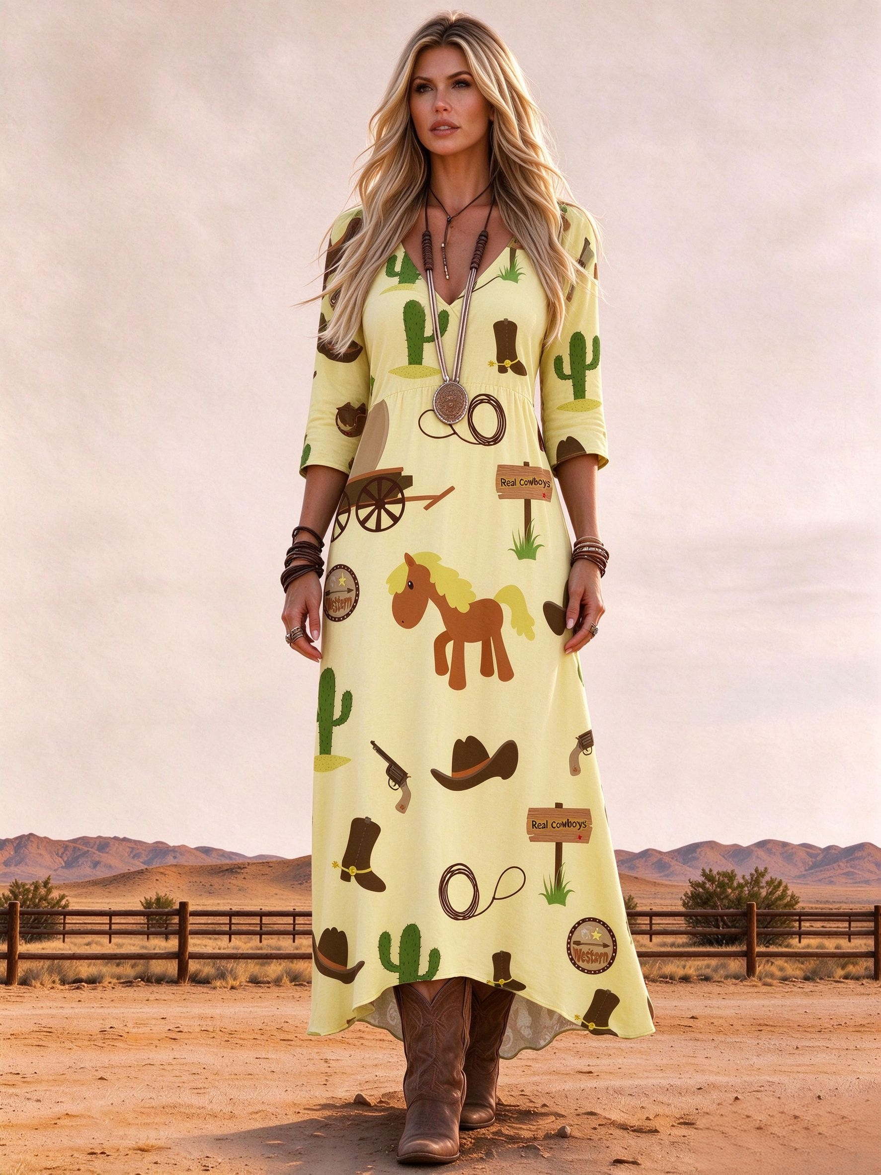 Western Cartoon Cowboy Print V Neck 3/4 Sleeve Empire Waist Maxi Dress
