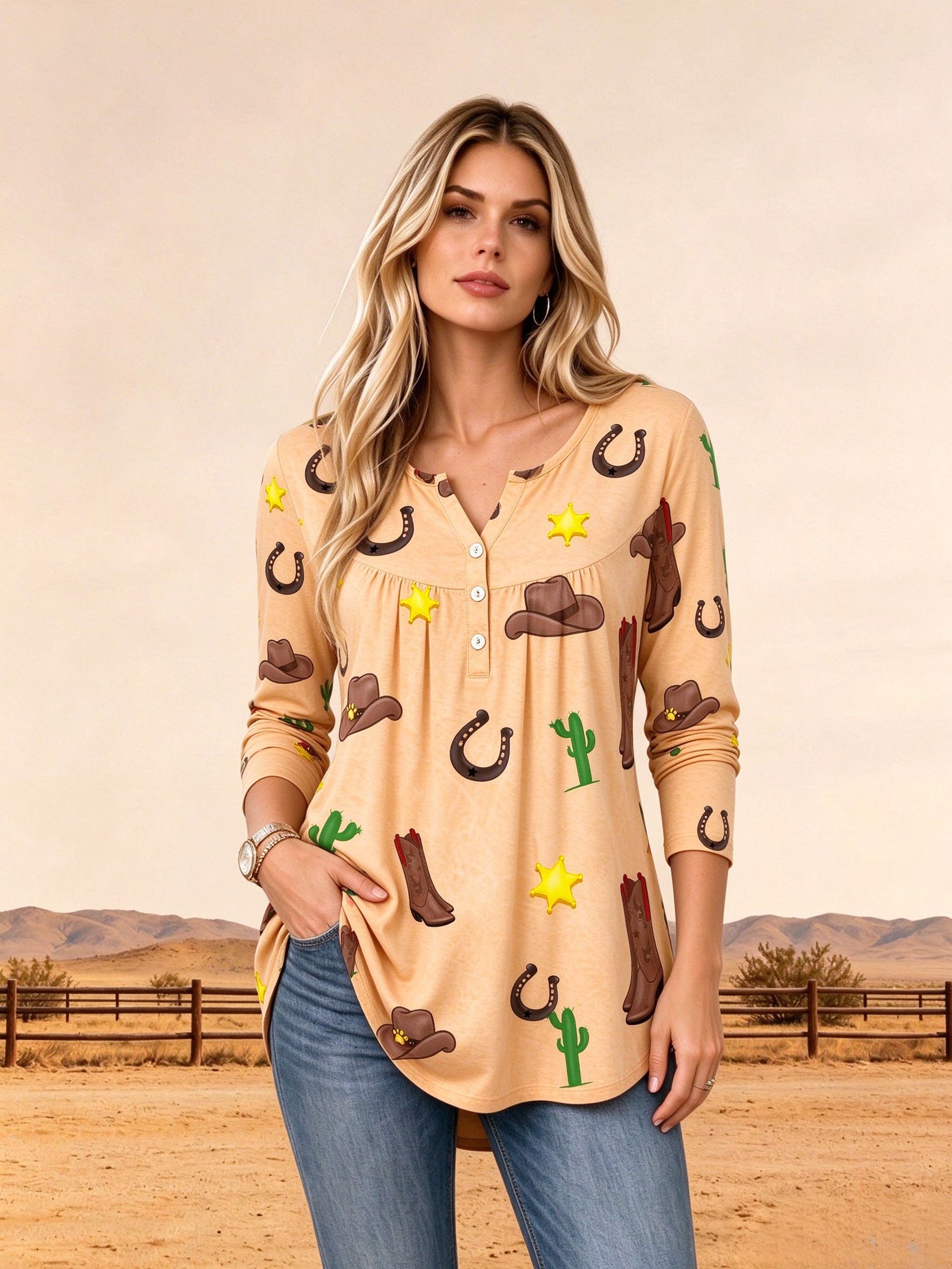 Vintage Wild West Star Horseshoe Print  Button Up Split V Neck Henley Blouse
