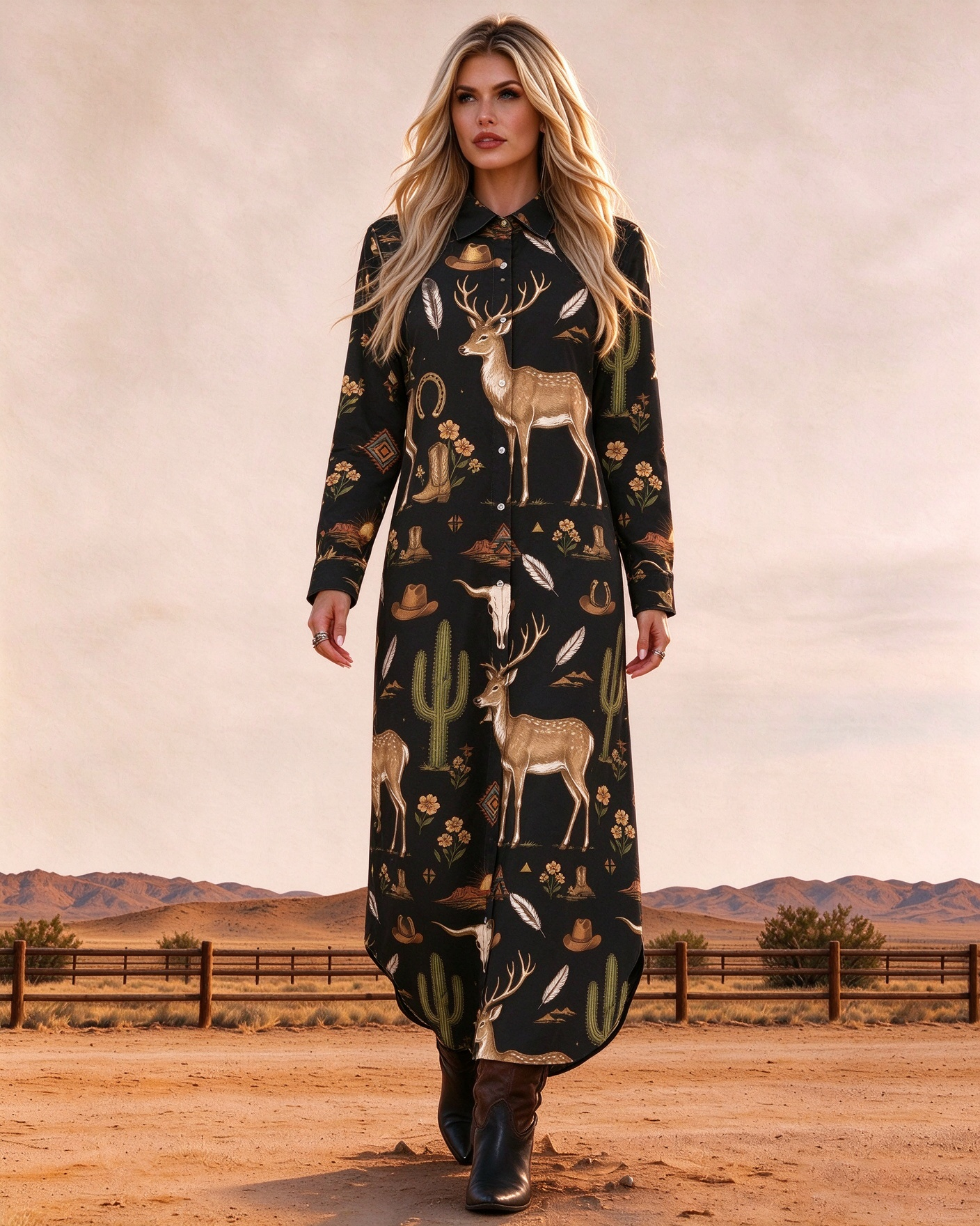 Western Wildlife Print Long Sleeve Button Front Maxi Shirt Dress
