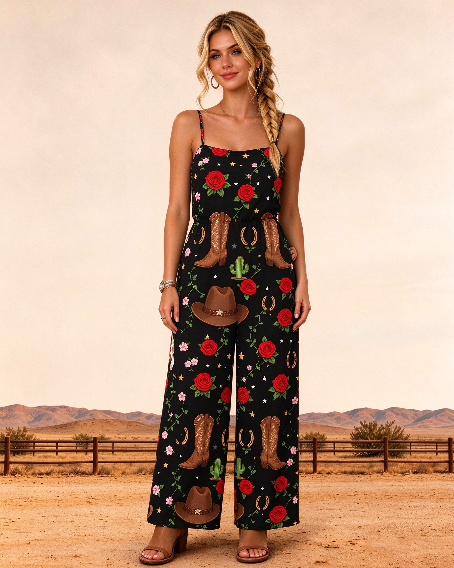 Red Rose Print Leg Western Cowboy Print Women's Jumpsuit