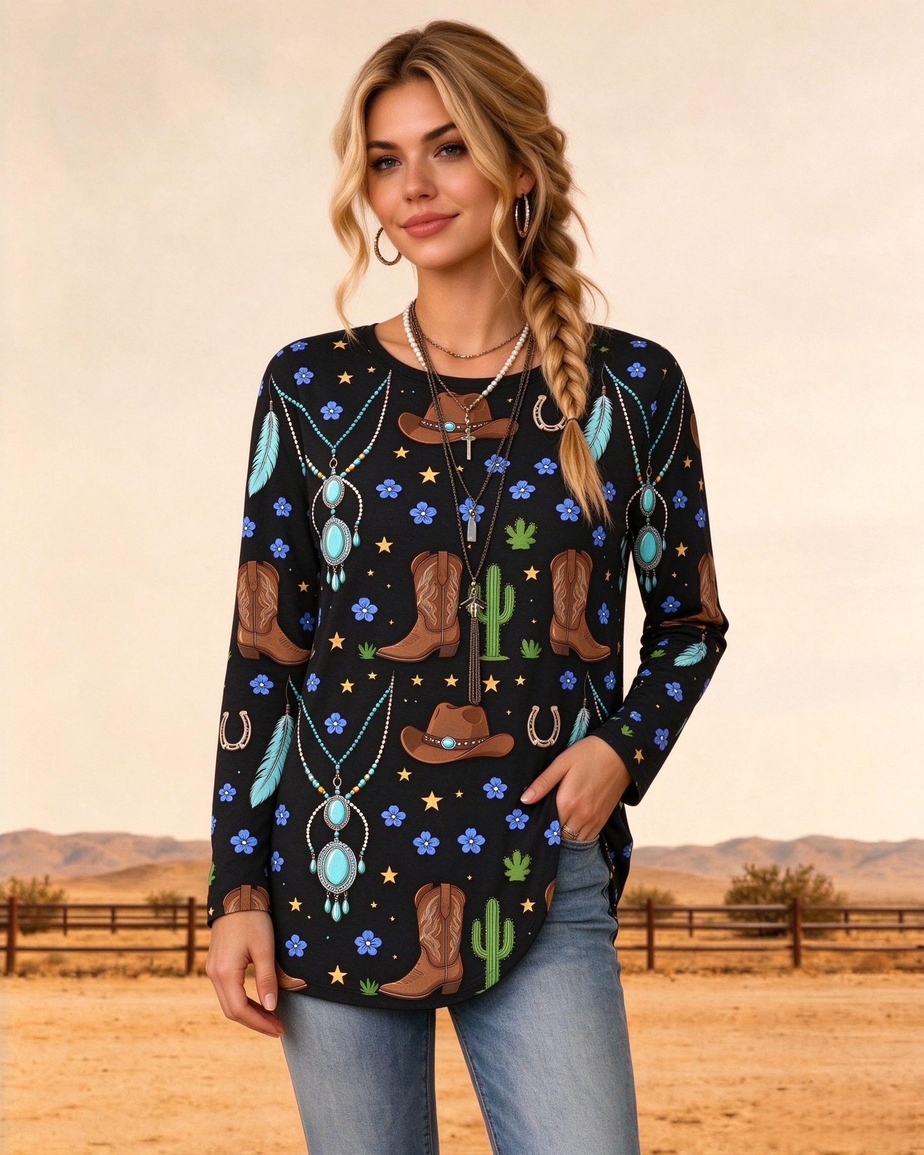 Round neck long-sleeved Western turquoise pattern long top