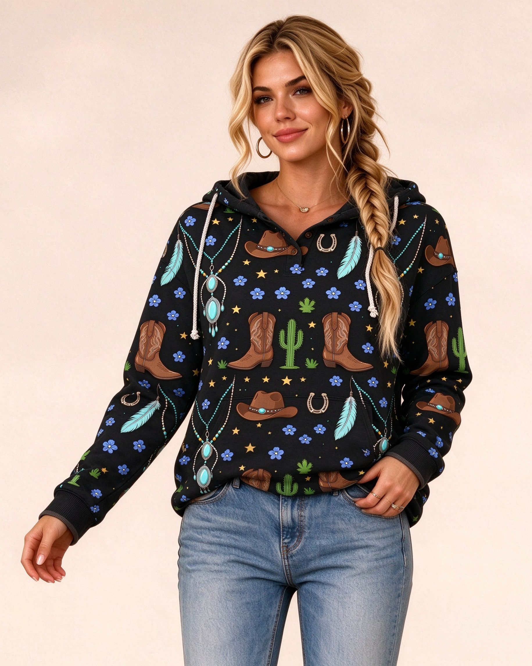 Western Turquoise Cactus Feather Pattern Long-Sleeved Hooded Sweatshirt