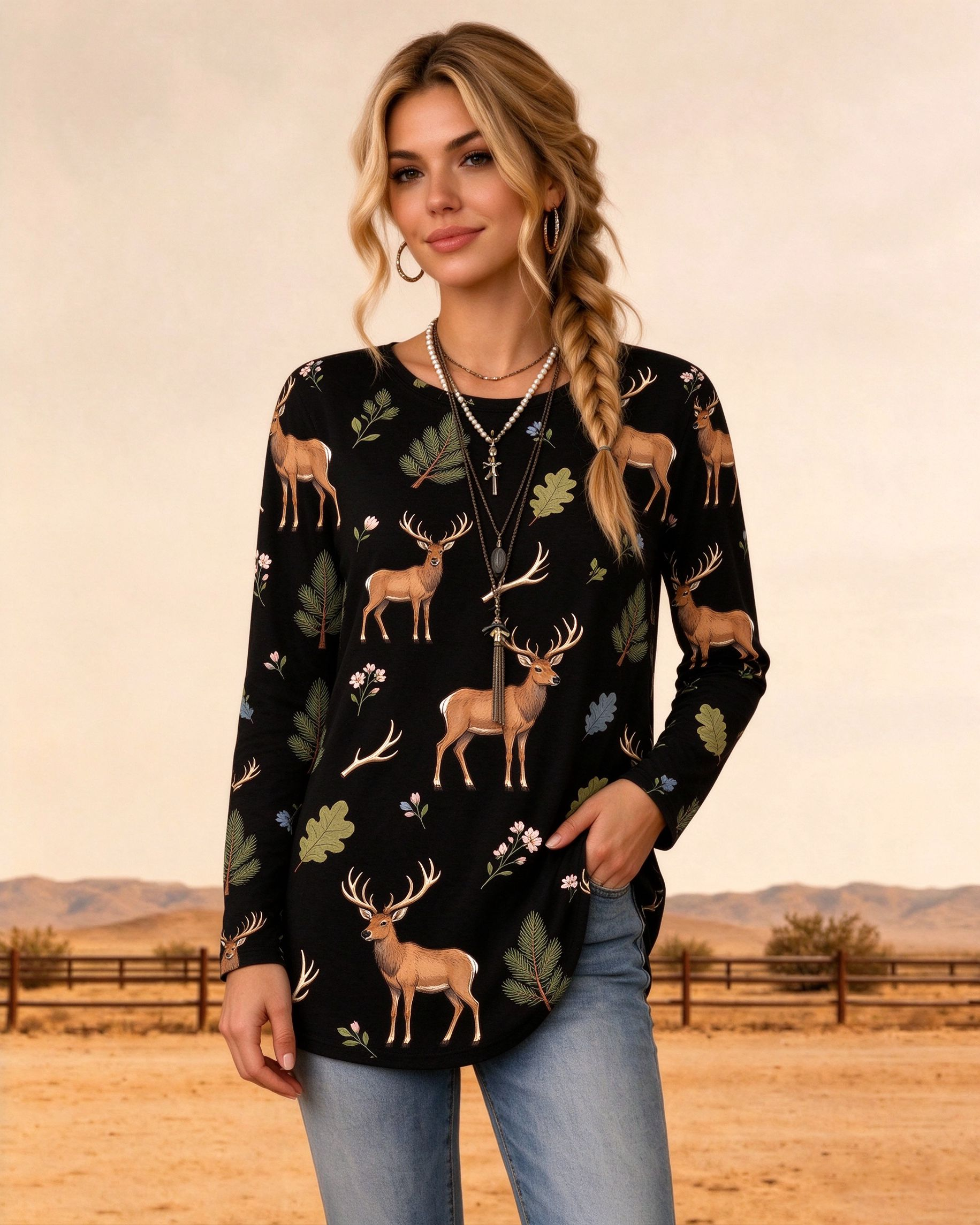 Empire Waist Casual Round Neck Deer & Forest Print Round Neck Long Sleeve Tunic Top 