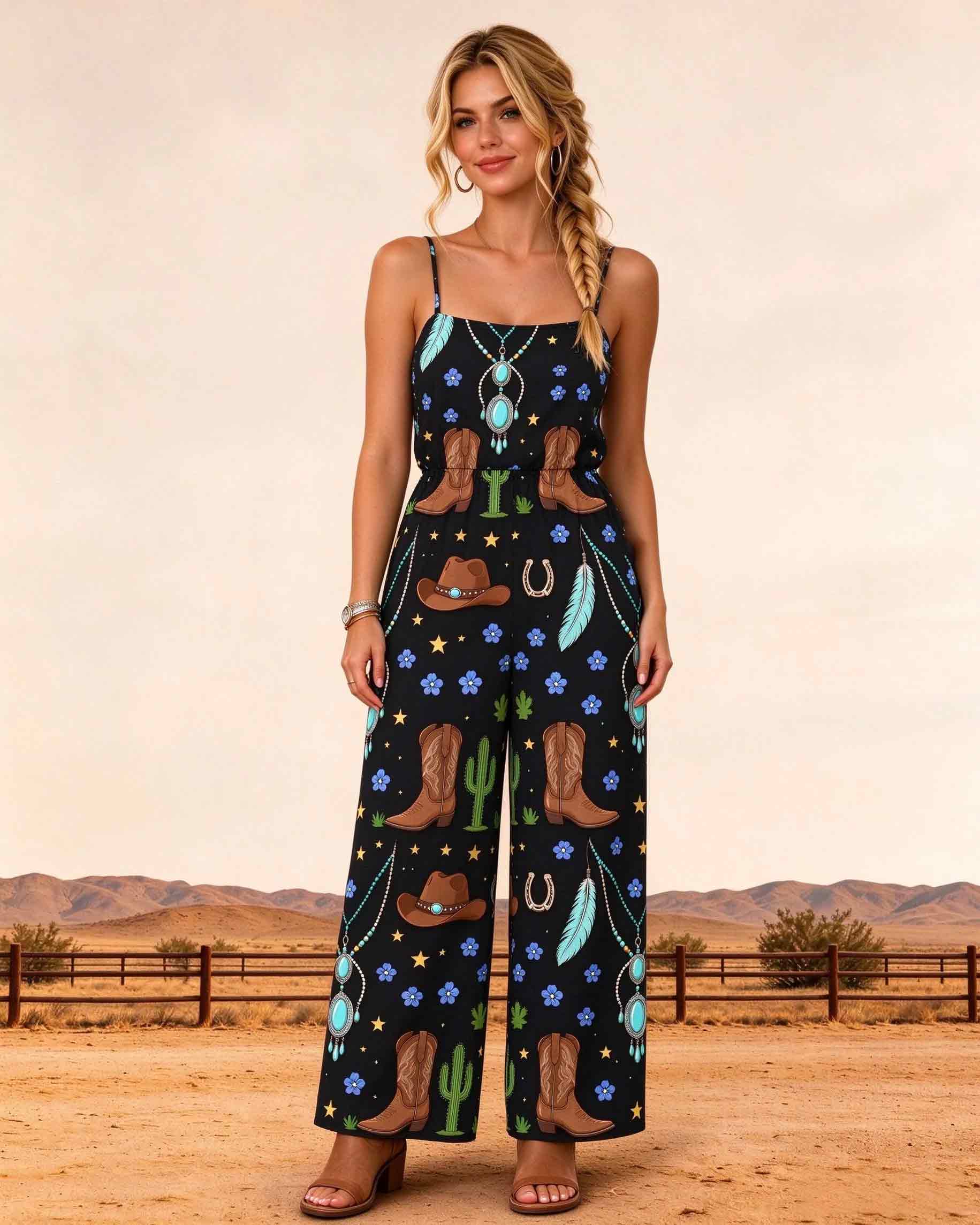 Spaghetti Strap Wide Leg Western Turquoise Print Women Jumpsuit