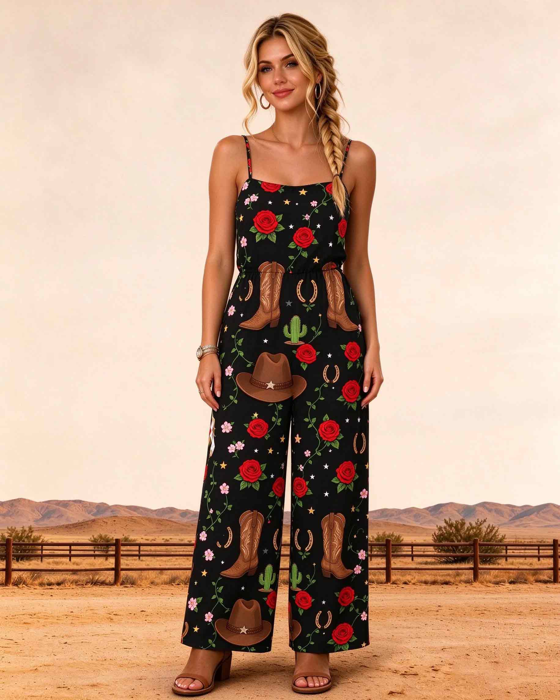 Red Rose Print Leg Western Cowboy Print Women's Jumpsuit