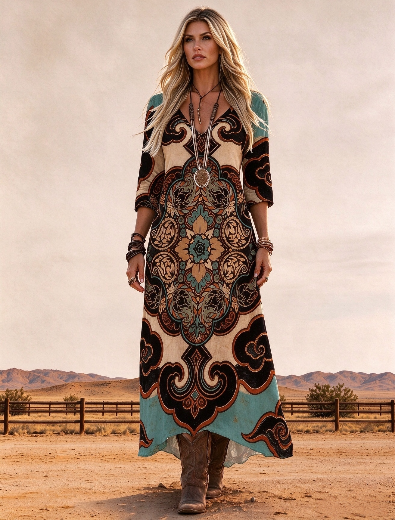 V-neck three-quarter sleeve retro bohemian mandala pattern western-style long dress