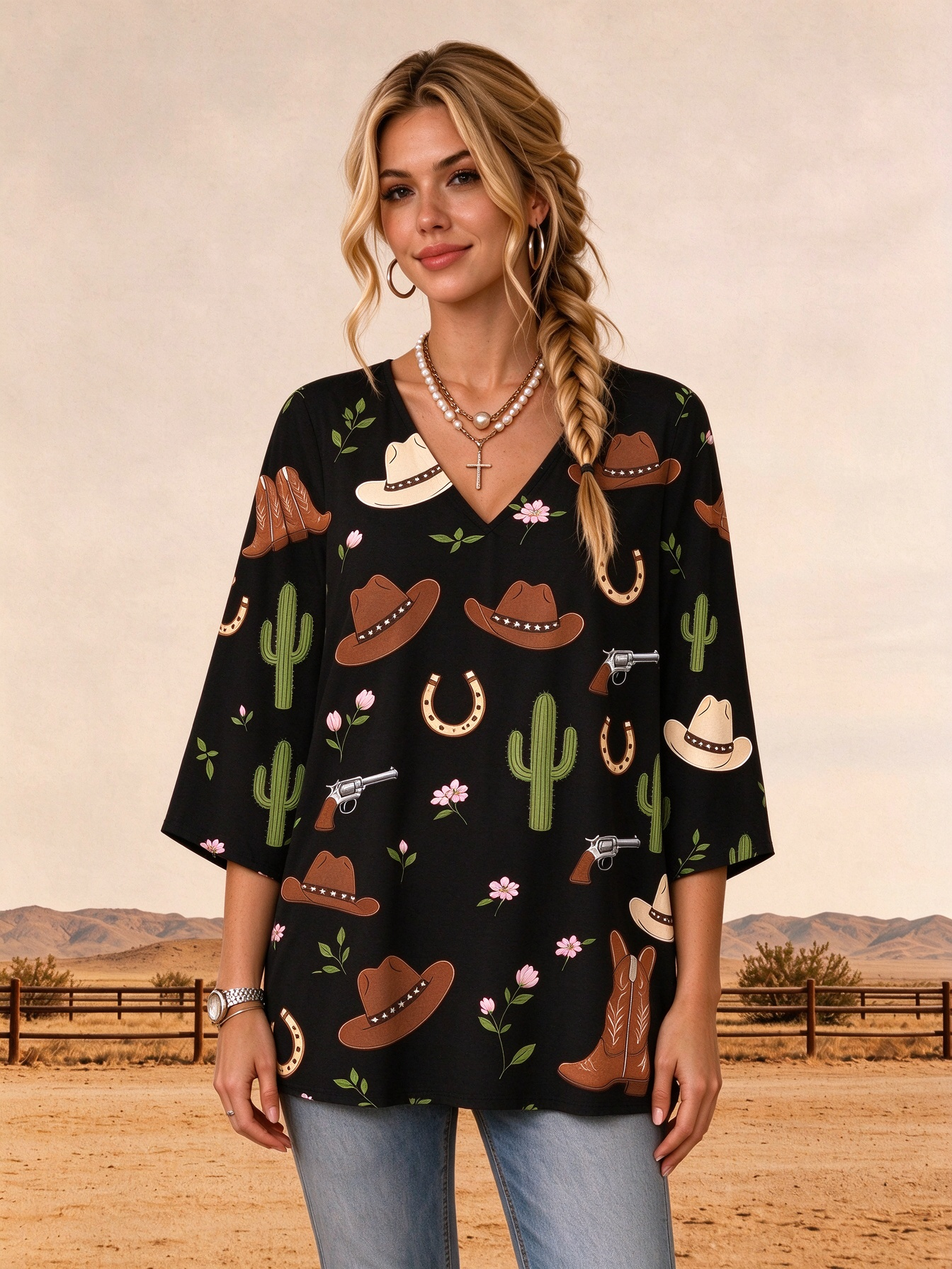 Western Cowboy Hat Boot Horseshoe Cactus Motif V Neck Loose Fit Tunic Shirt