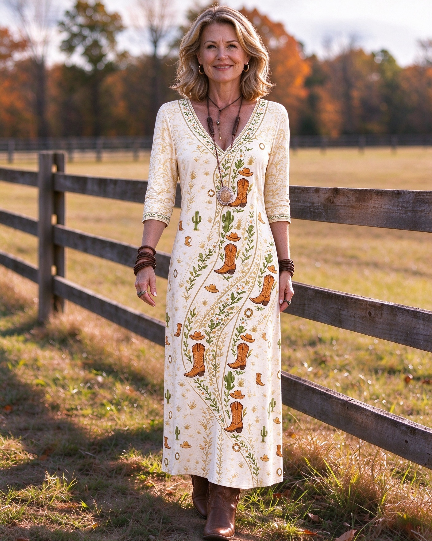 Cream Western Cowboy Boot Cactus Scarf Print V-neck high-low hem long dress