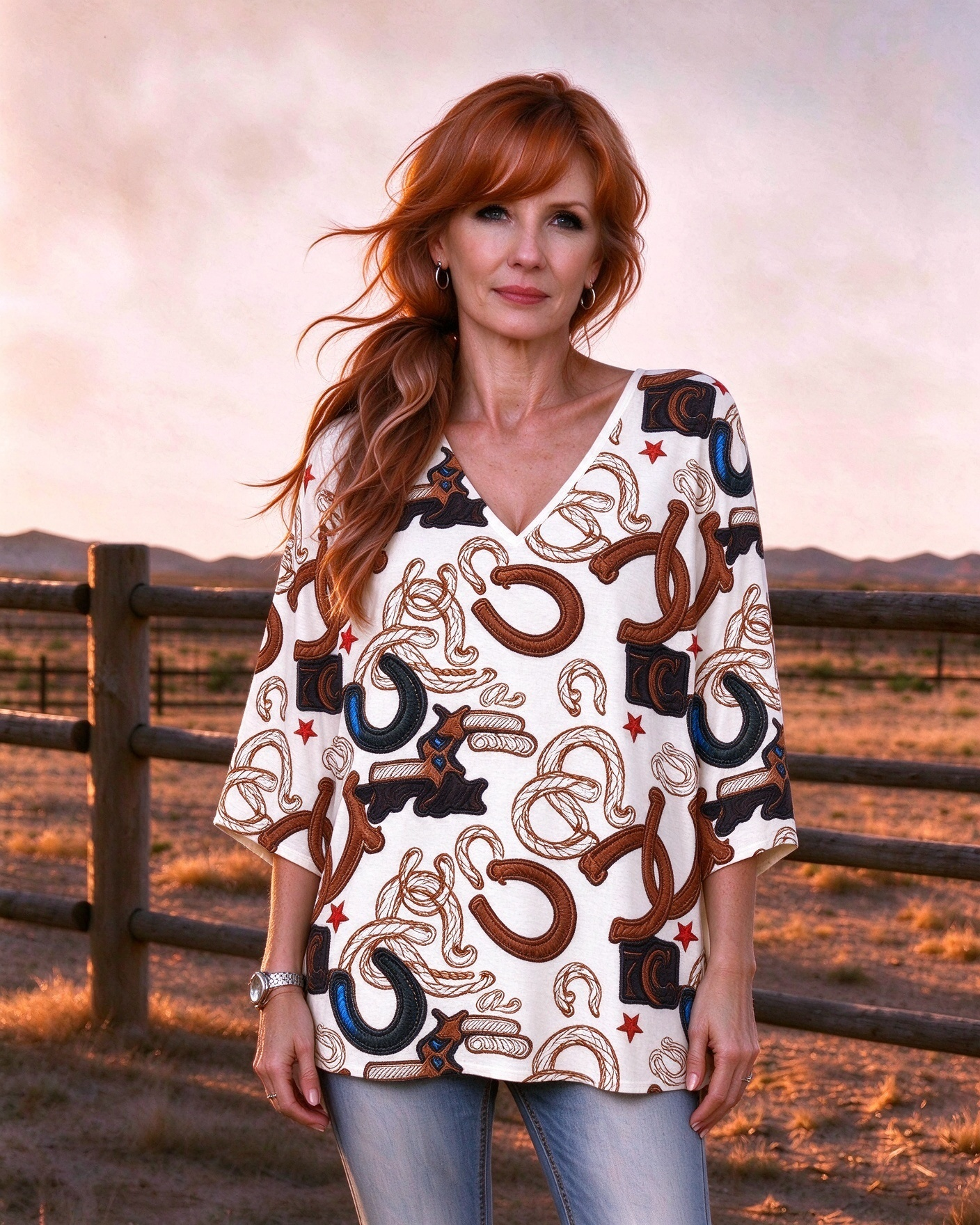 Vintage western horseshoe & lariat print V-neck three-quarter sleeve long top