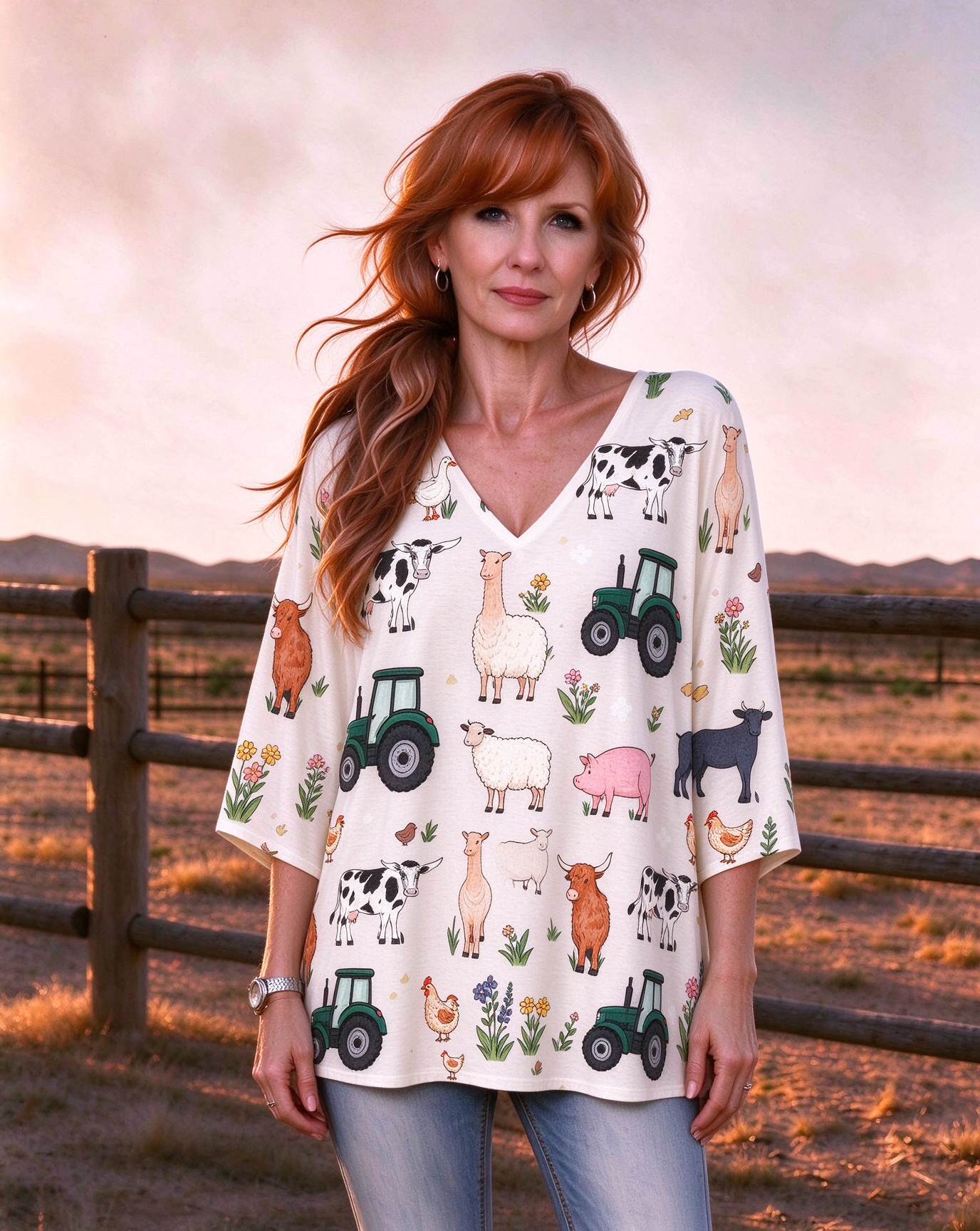 Farm animal tractor print V-neck three-quarter sleeve long top