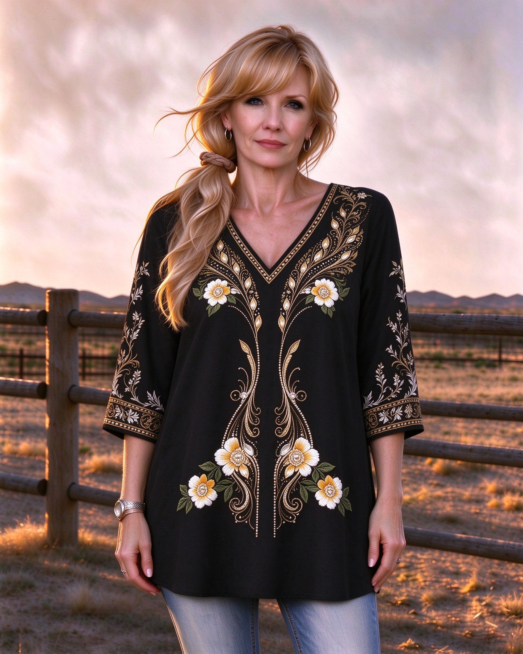 Floral Embroidered V-Neck Boho Western Western-style long top