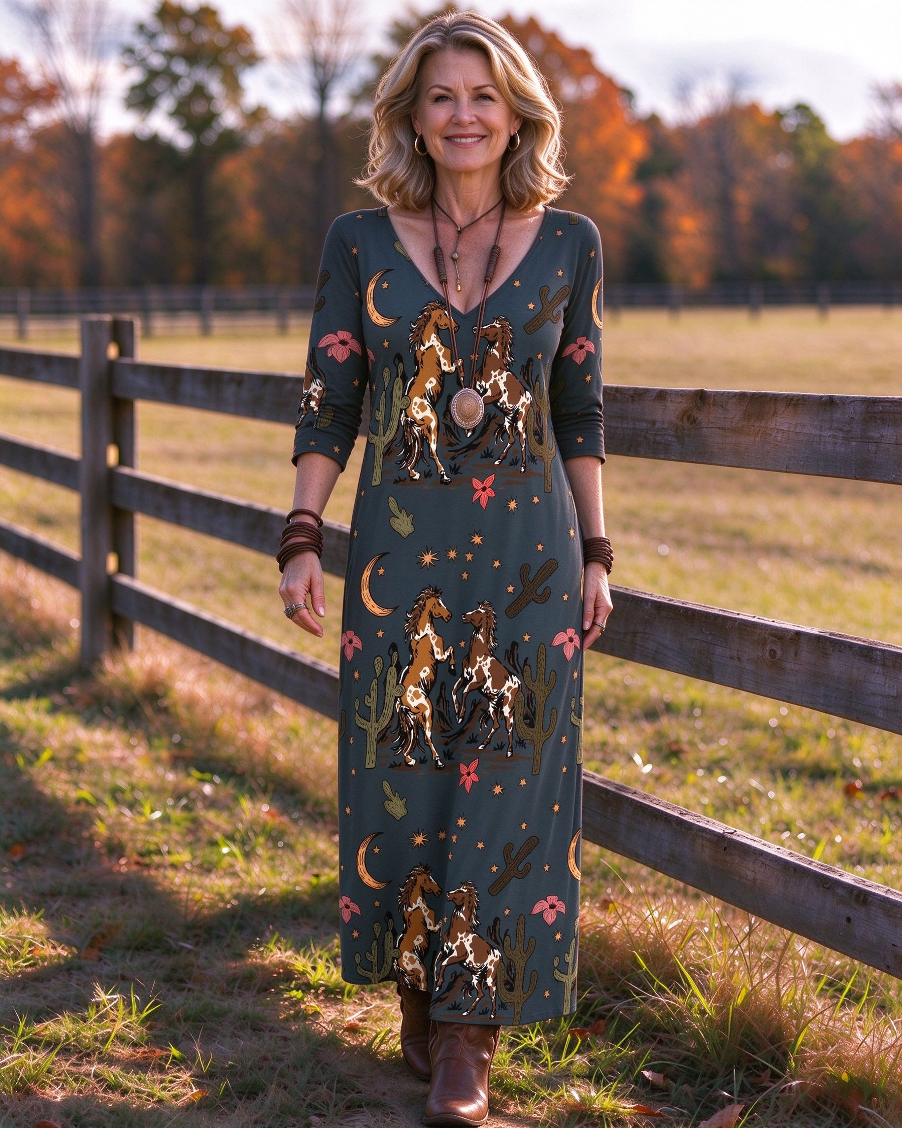 Southwestern Mystic Wild Horse & Crescent Moon Print V-neck Maxi Dress