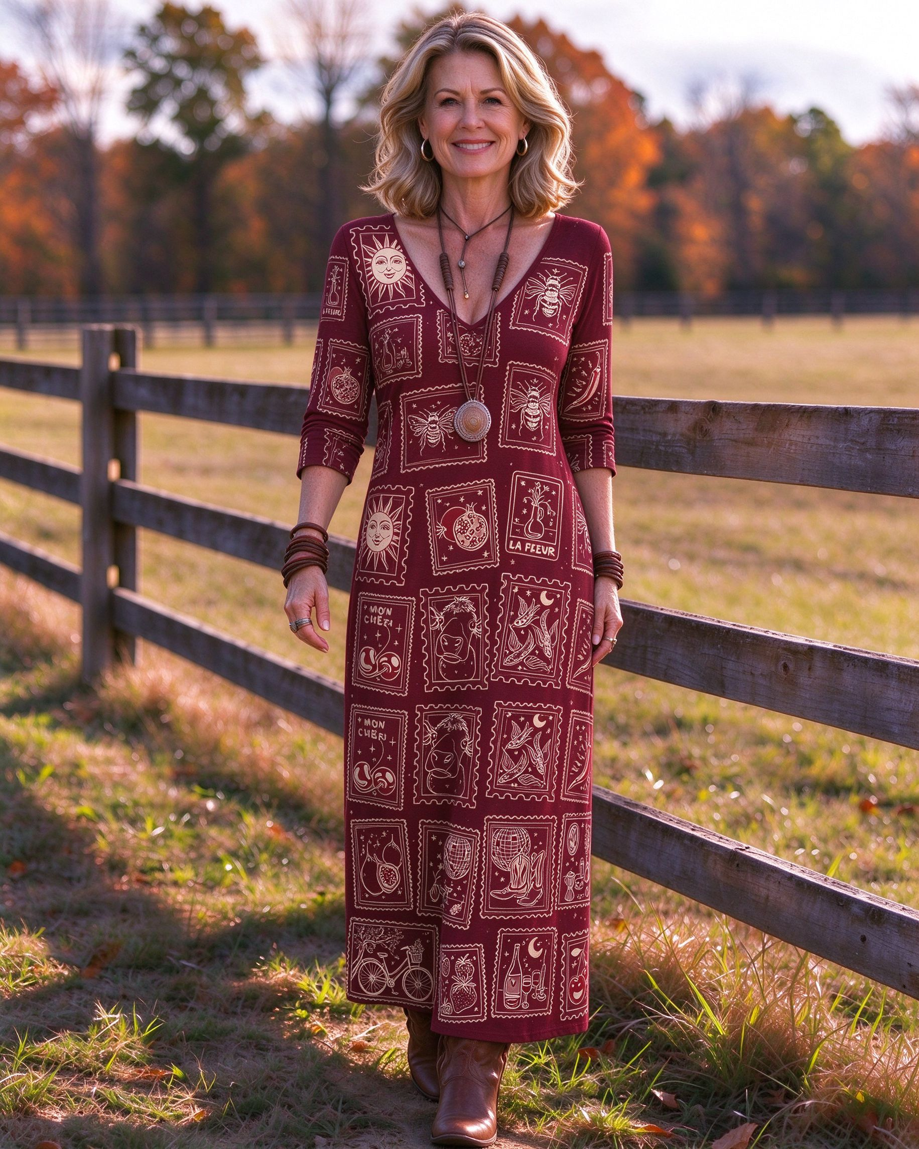 Vintage Postage Stamp Collage Printed V-neck Maxi Dress