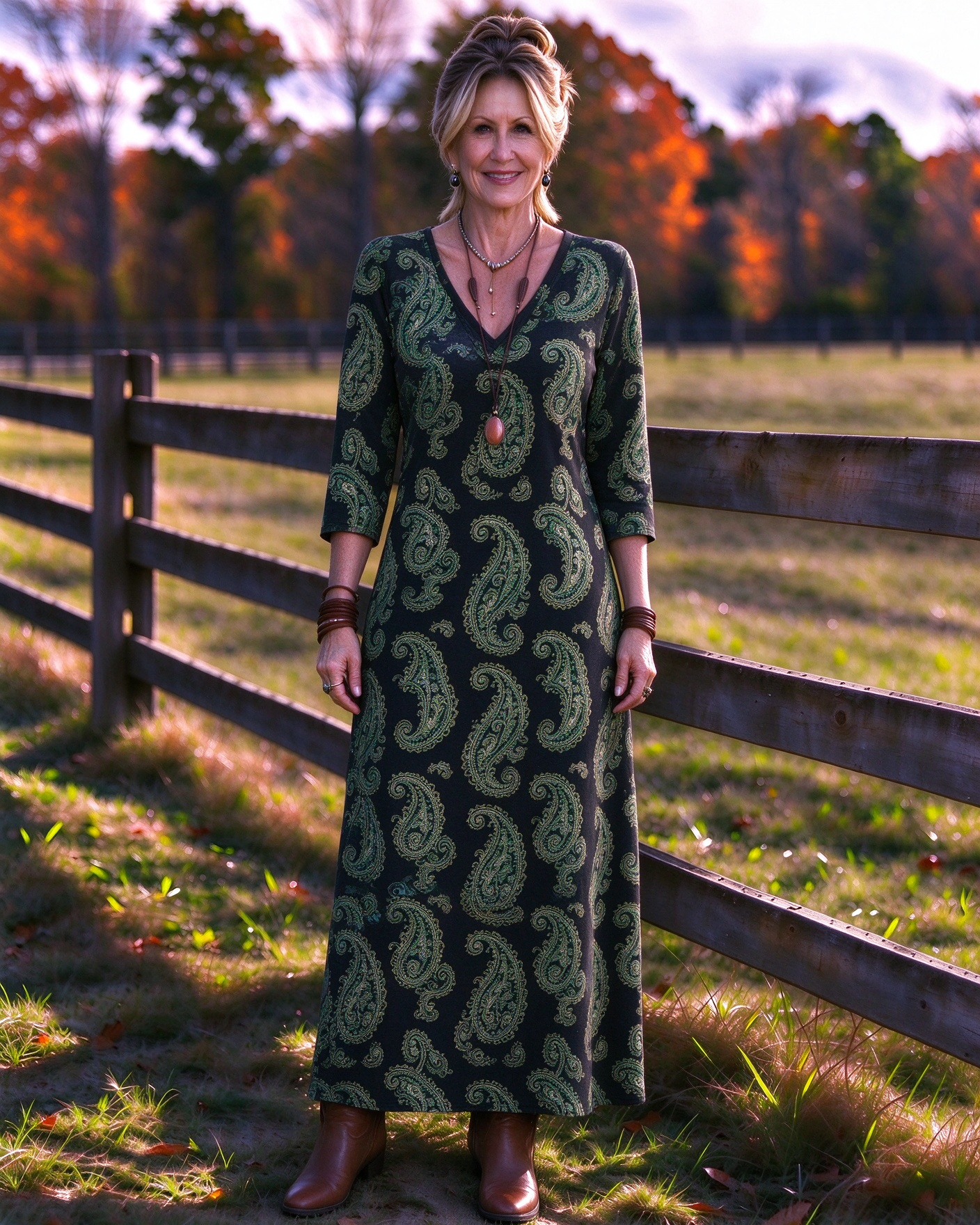 Sophisticated Vintage Paisley Western V-Neck Printed Dress | Allover Print