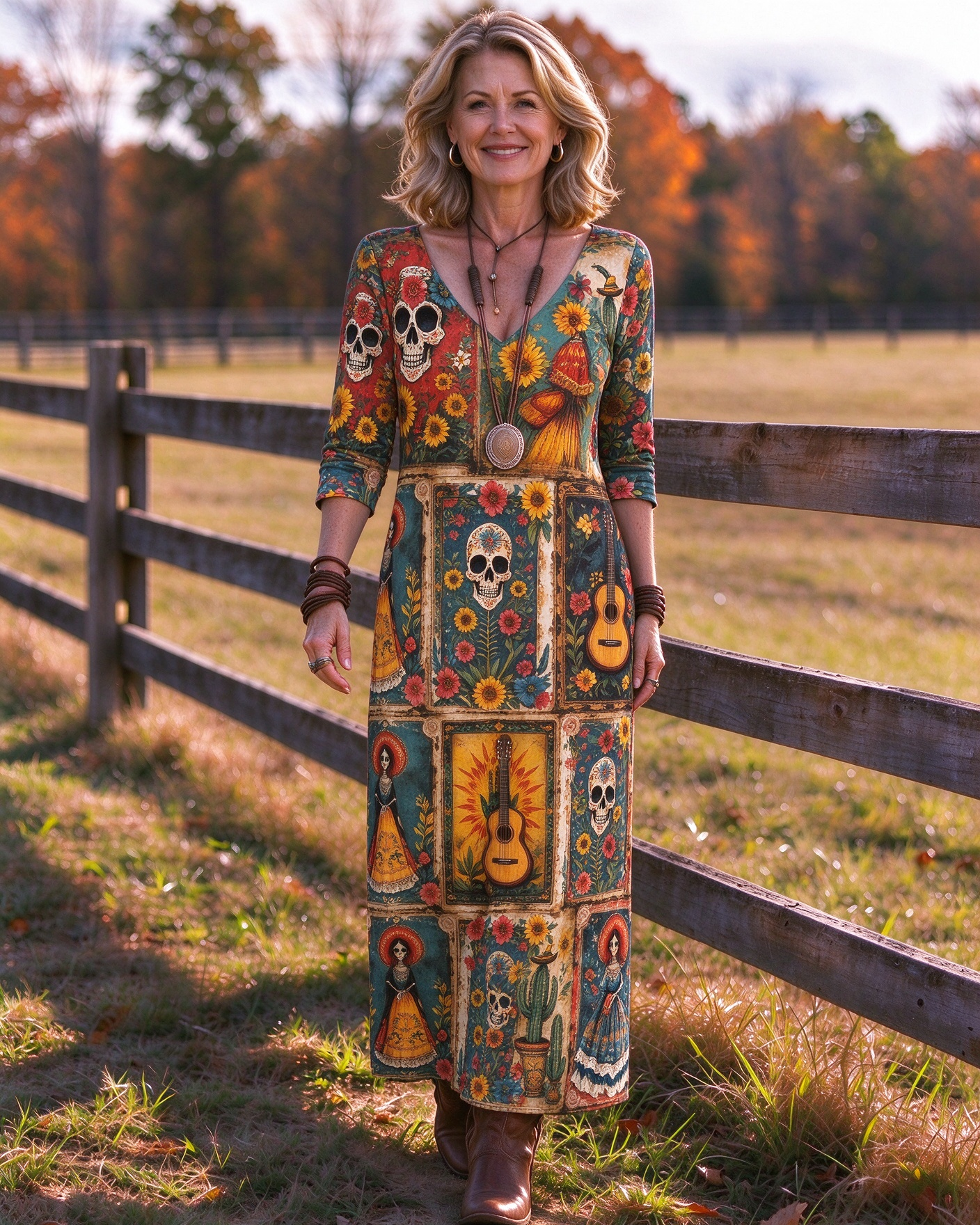 Skull Guitar Flowers Western V-Neck Printed Dress | Allover Print