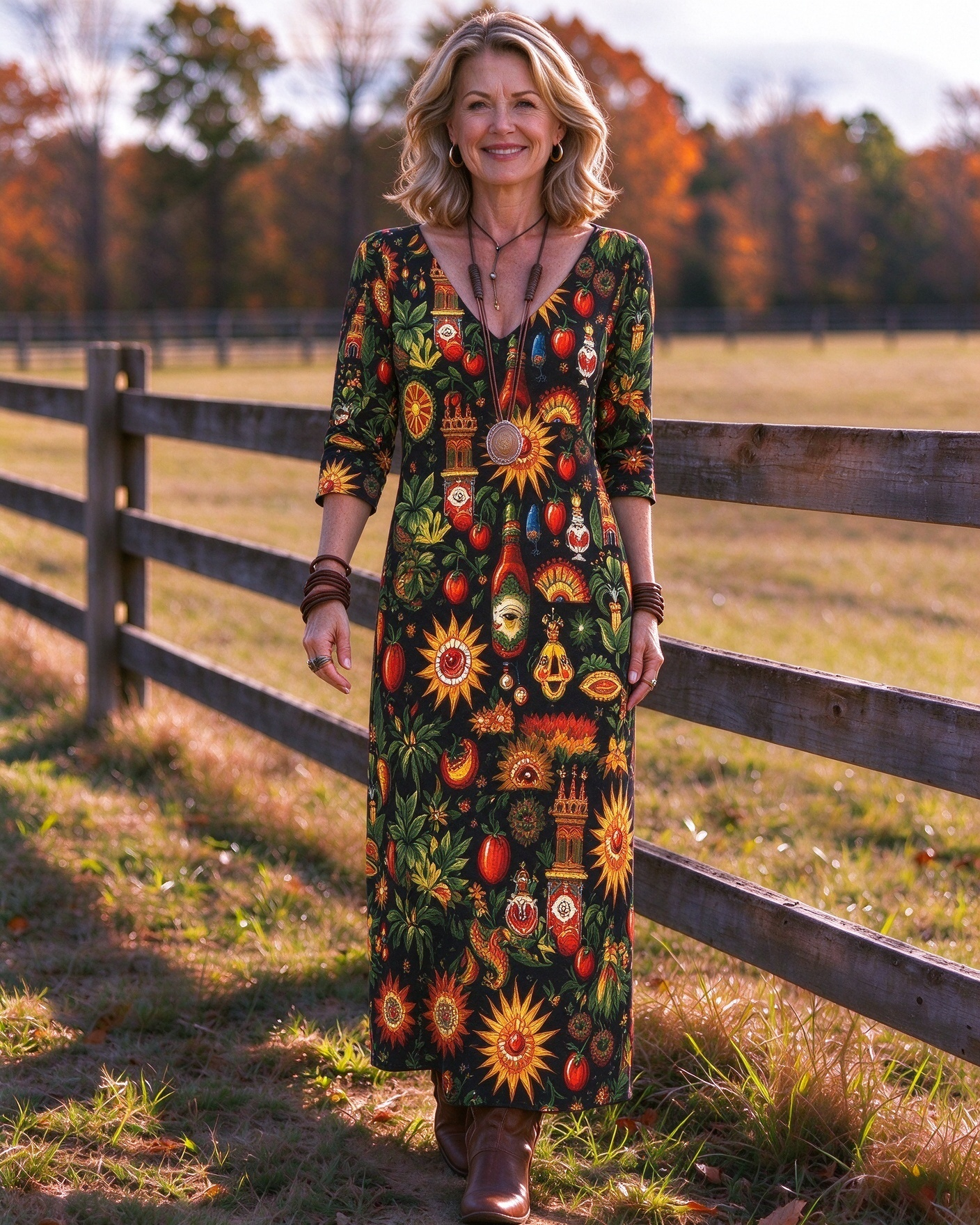 Art Sun & Sugar Skull Western V-Neck Printed Dress | Allover Print