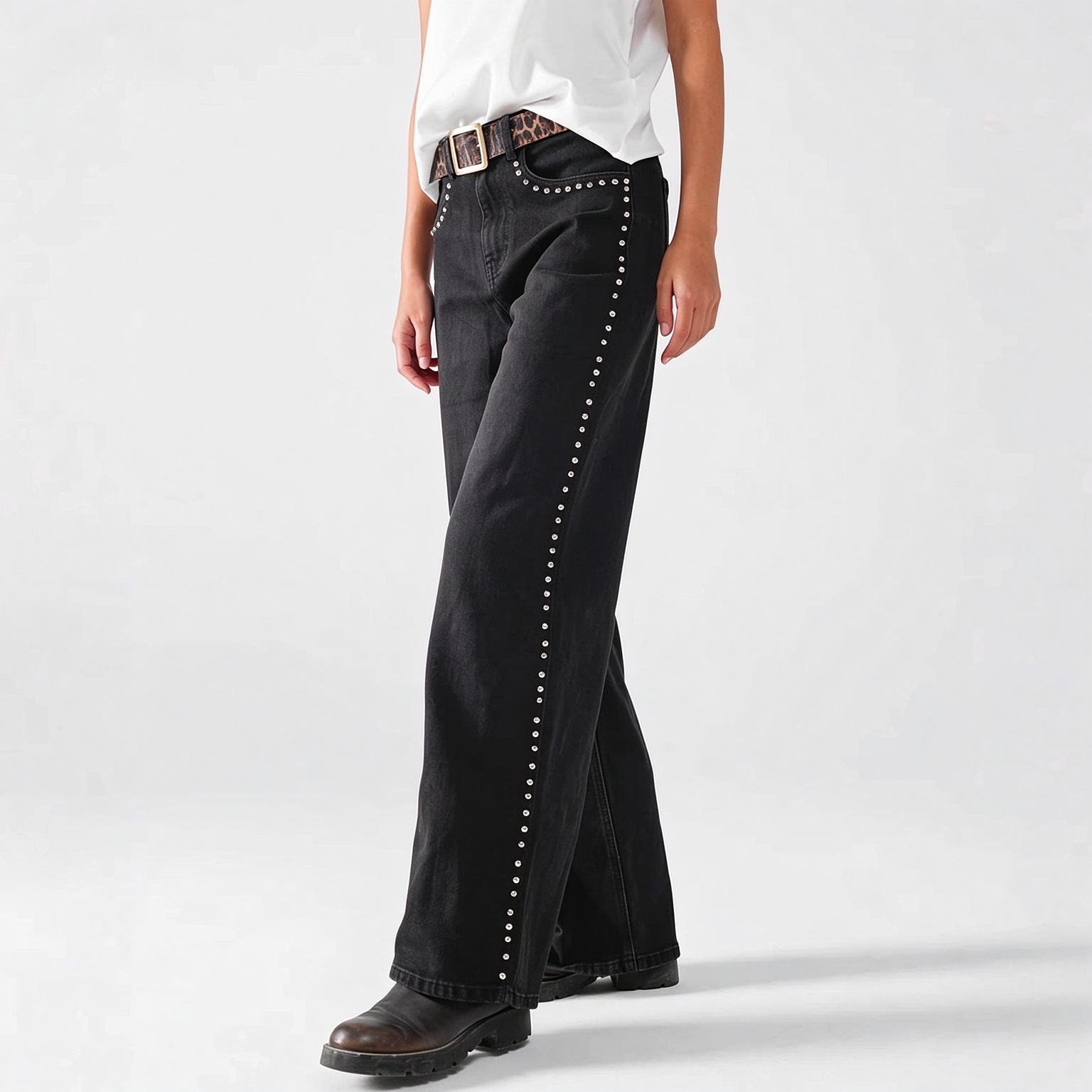 High Waist Wide Leg Jeans Side Rivet Stud Flare Casual Denim Pants