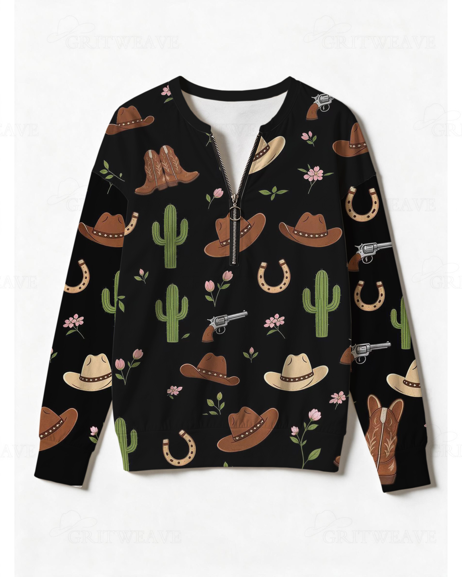 Women’s Western Cactus Cowboy Print Half Zip Sweatshirt, Horseshoe Cowgirl Graphic Long Sleeve Top