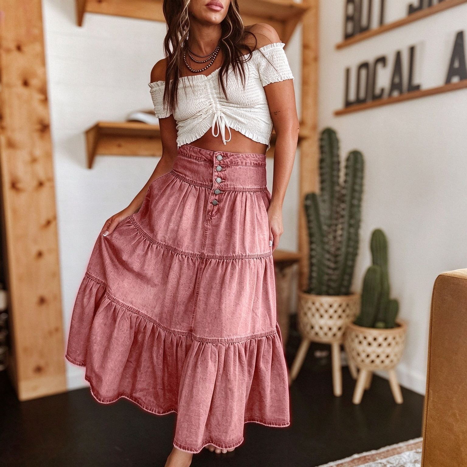High Waist Button Front Tiered Denim Midi Skirt Western Ruffled Swing Skirt