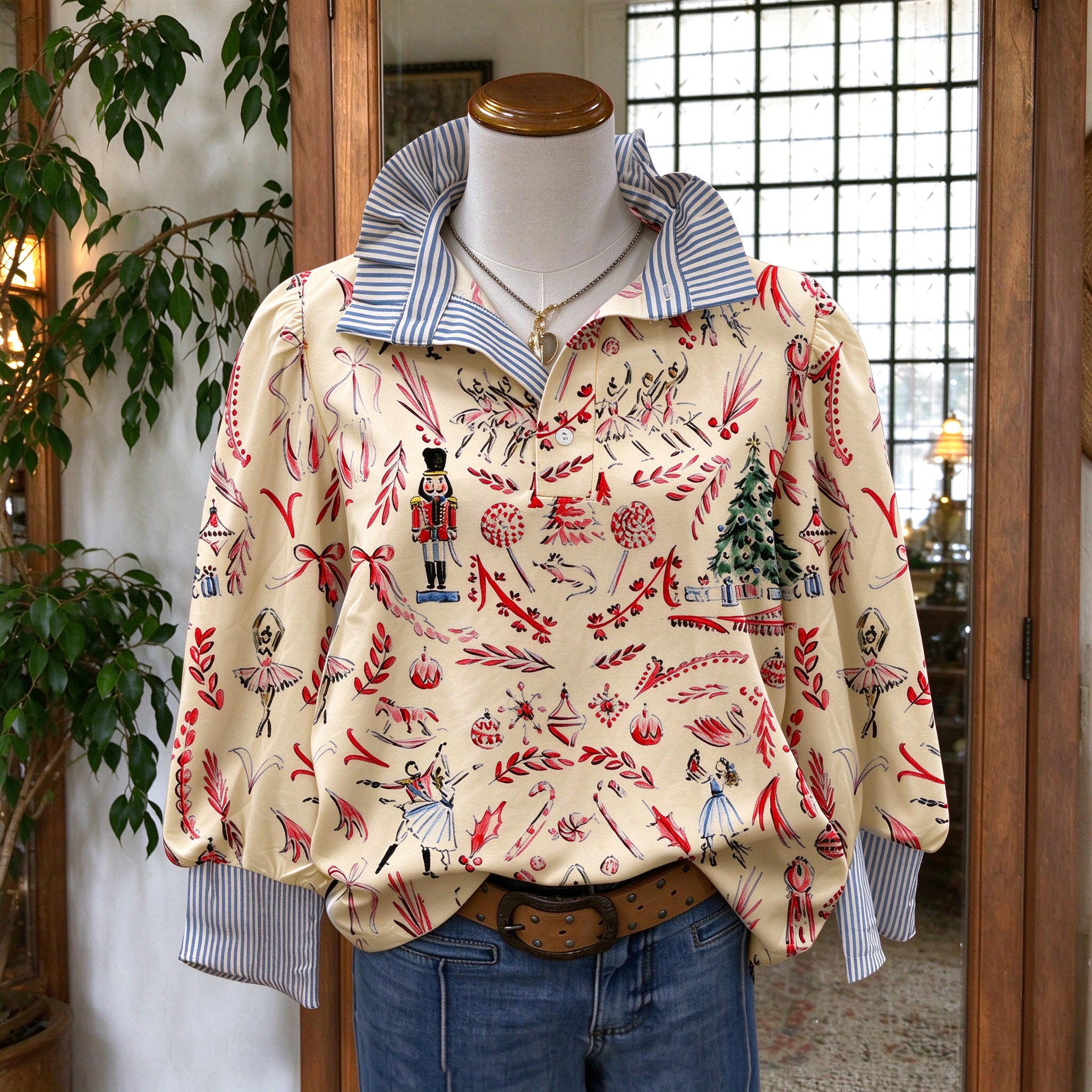 Vintage Christmas Nutcracker & Ballerina Graphic Ruffle Collar Blouses