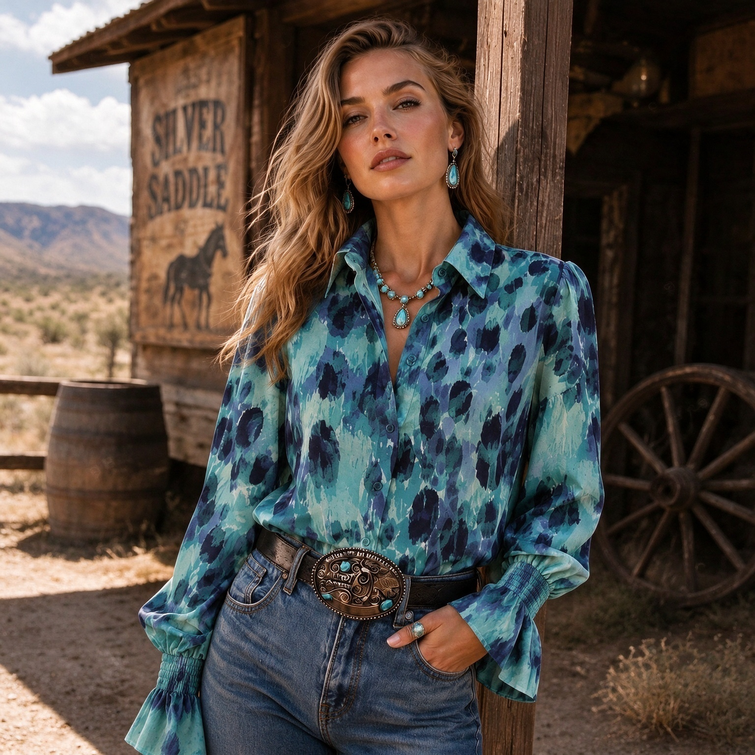 Retro Western Turquoise-Dyed Leopard Print Bell Sleeve Shirt