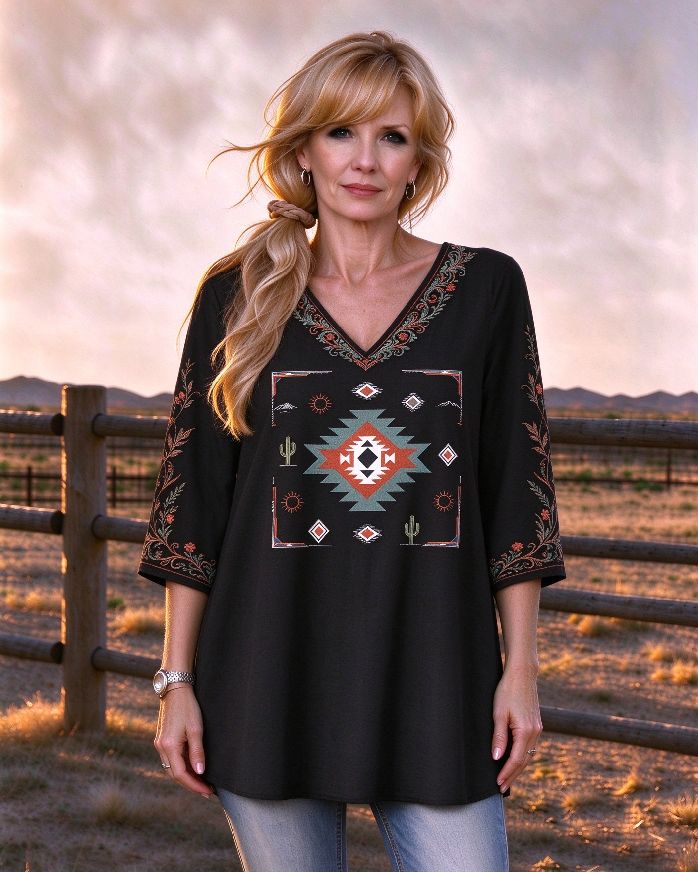Women's V-neck, three-quarter sleeve, Western-style long top