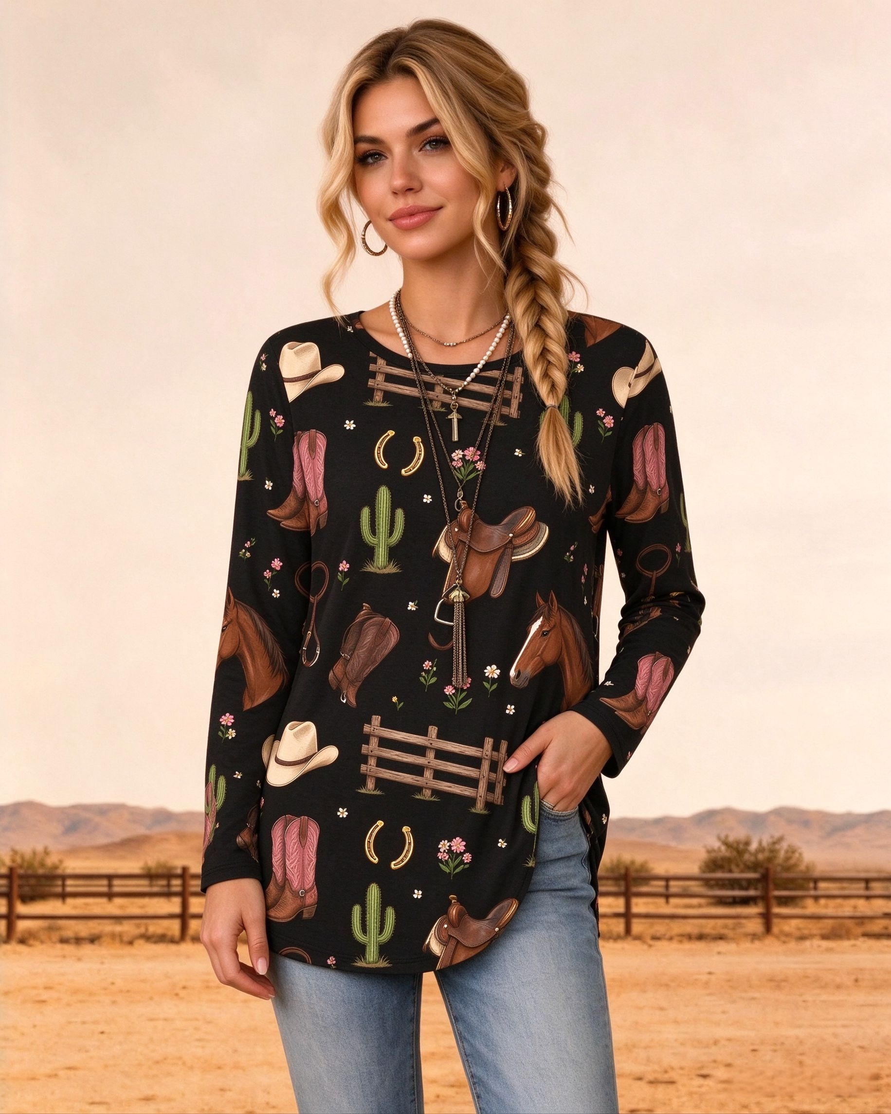 Western cowboy boots, cactus print crew neck casual long top
