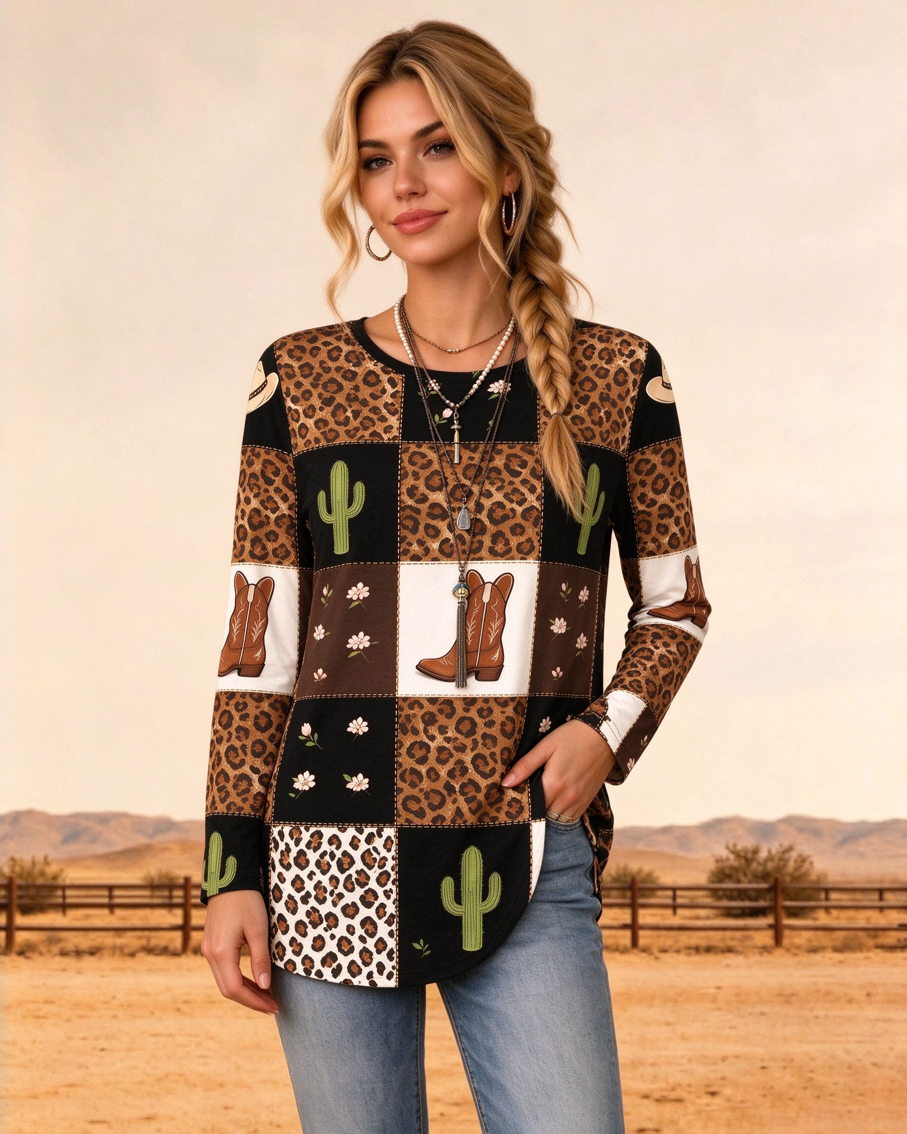 Vintage Cactus & Cowboy Hat Printed round neck women's top