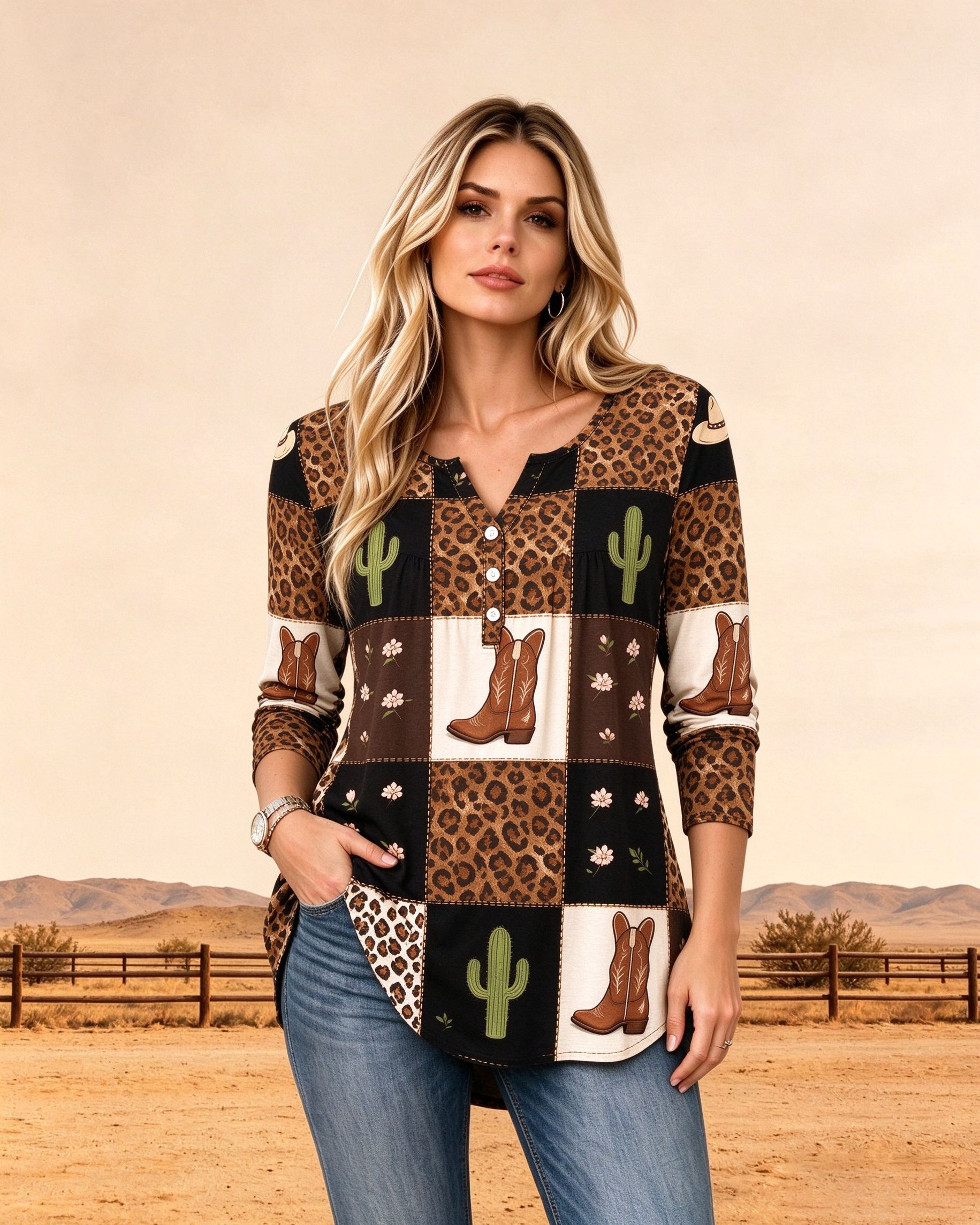 Vintage Cactus & Cowboy Hat Printed Casual Long Women's Shirt