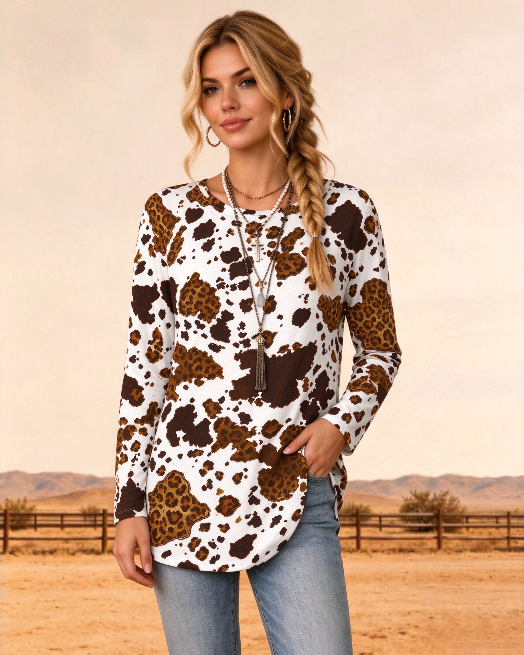 Western-style cow print long-sleeved round neck women's top