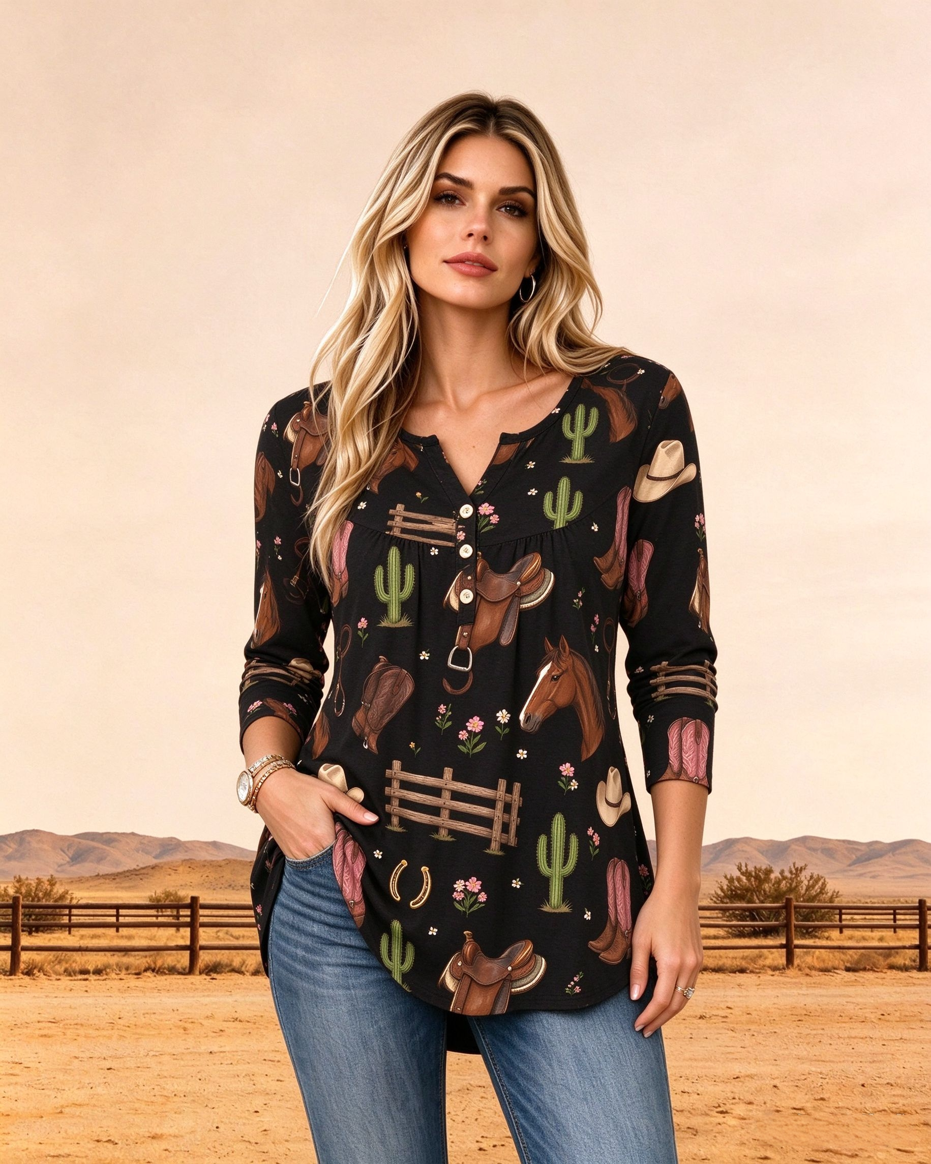 Western Saddle Cowboy Boot Print Casual Long Women's Shirt