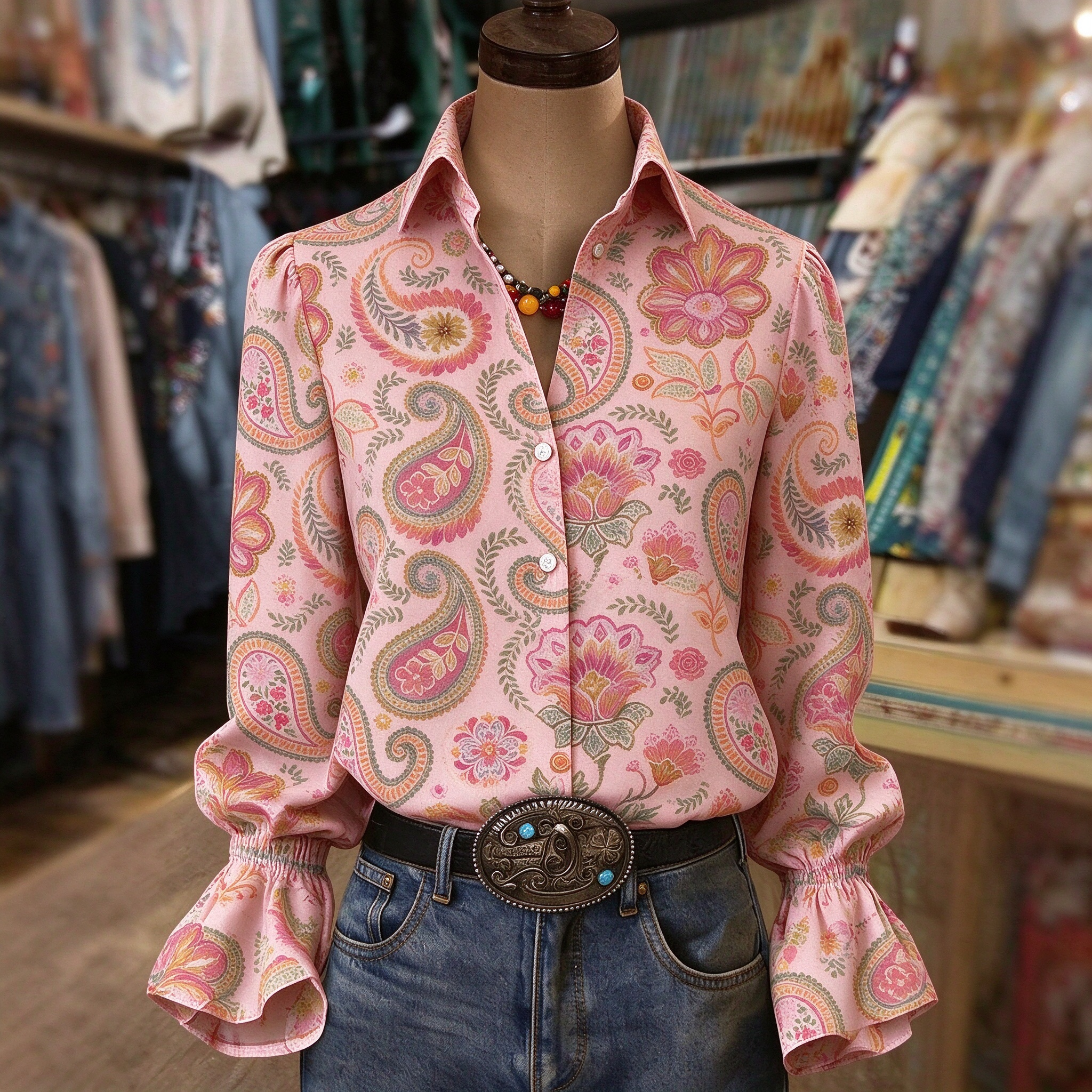 Vintage Western Blush Pink Paisley Floral Print Bell Sleeve Shirt