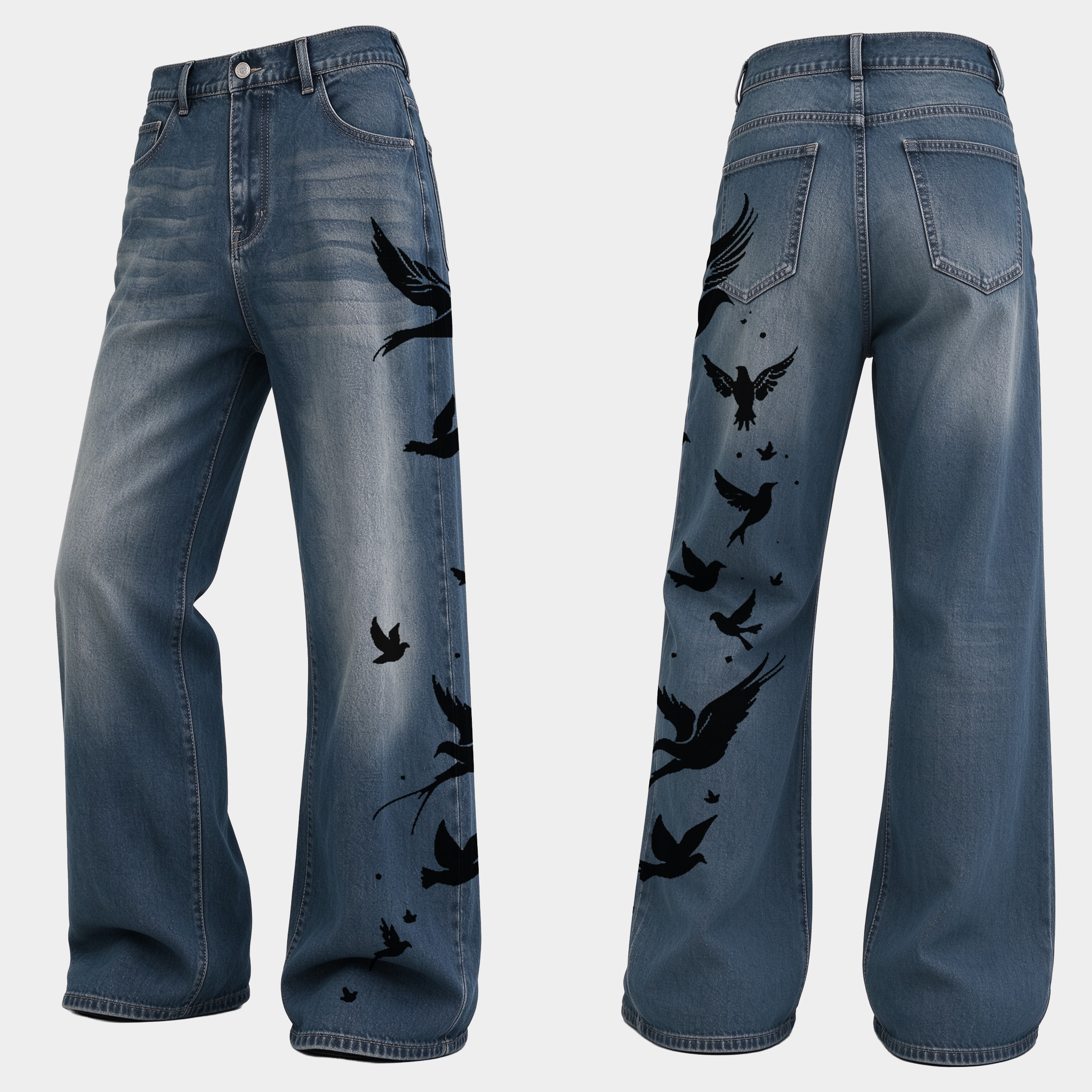High Waisted Flying Dove Graphic Wide Leg Jeans