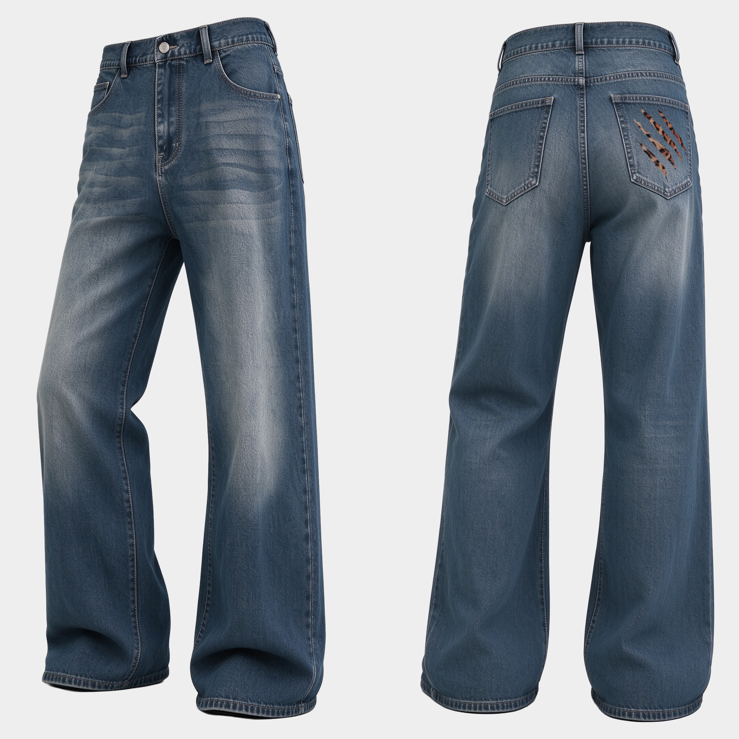 Vintage Leopard Distressed Wide Leg Jeans