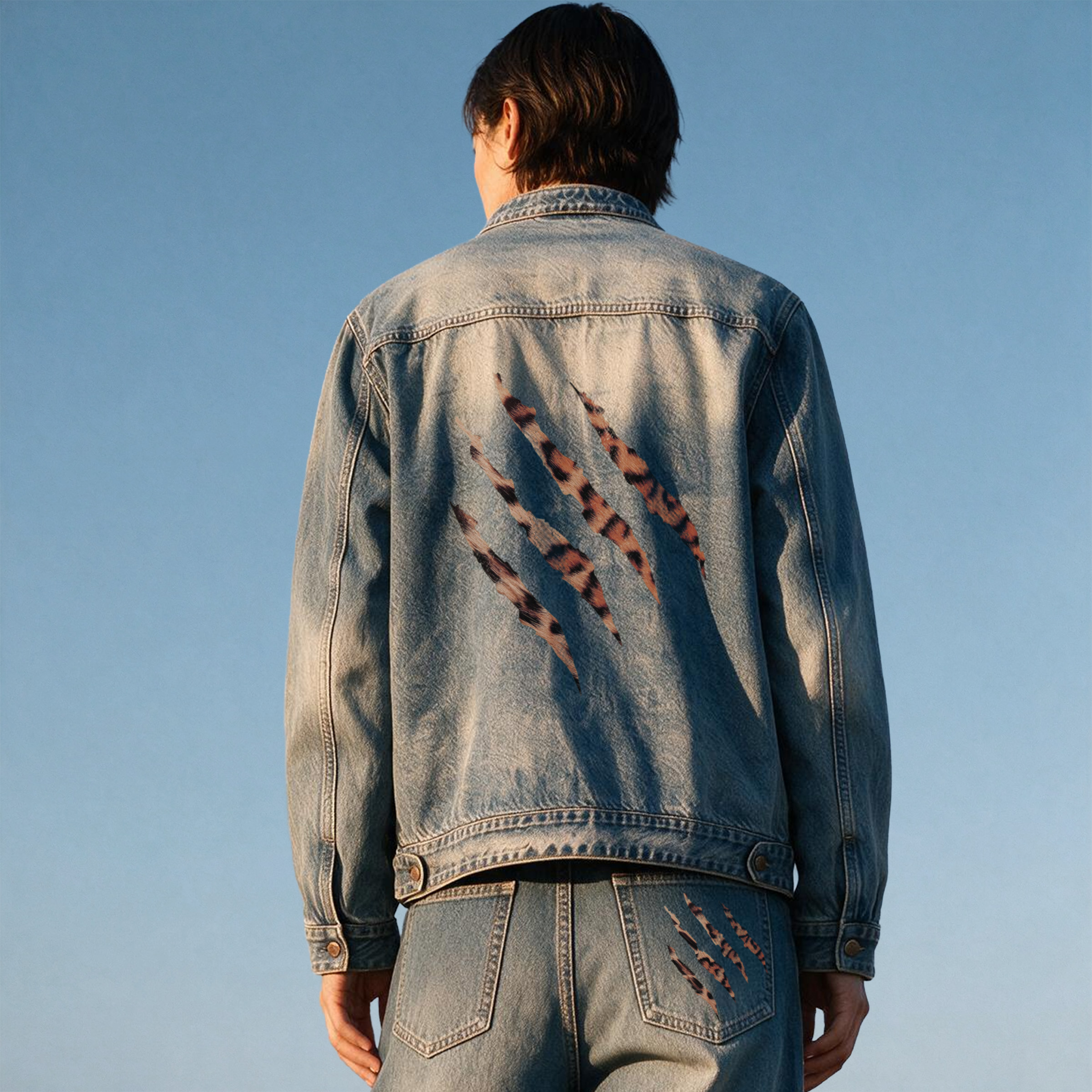 Vintage Leopard Distressed Back Graphic Denim Jacket
