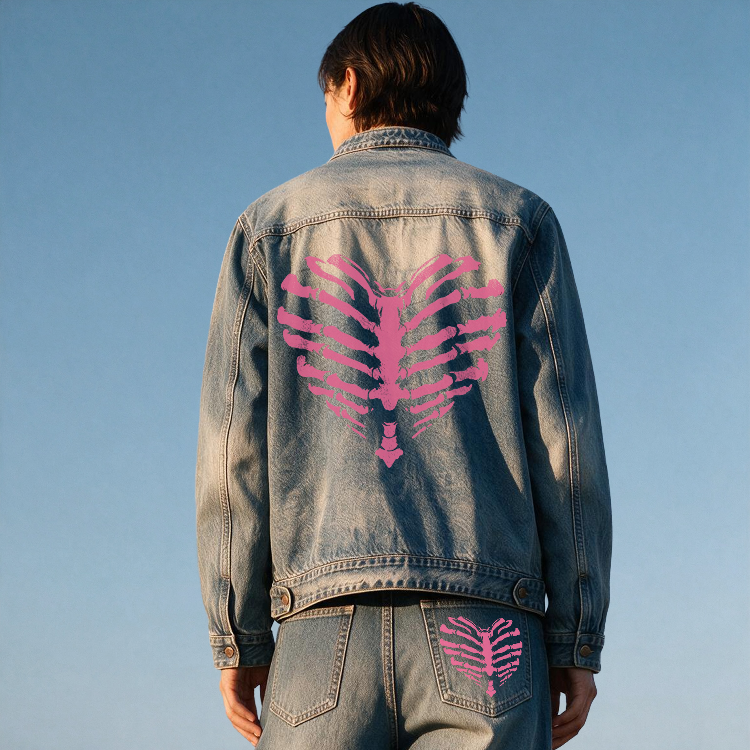 Vintage Gothic Heart Skeleton Back Graphic Denim Jacket