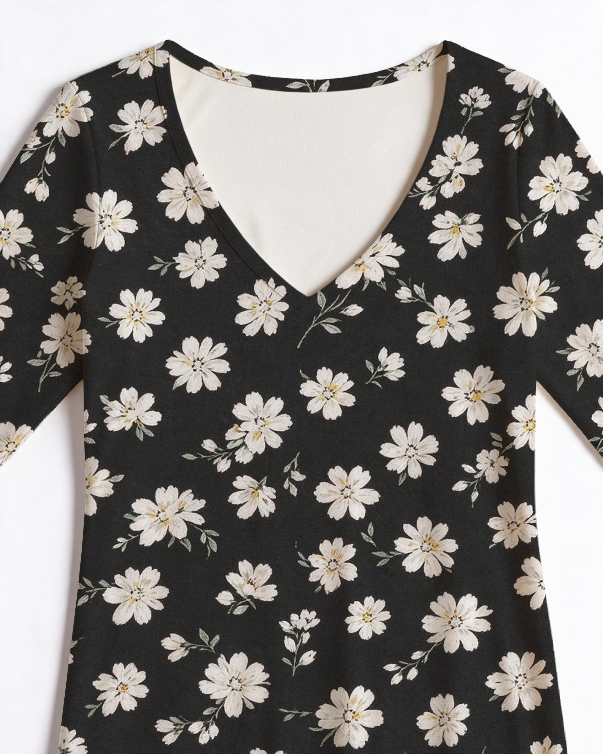 White daisy floral pattern Western V-Neck Printed Dress | Allover Print