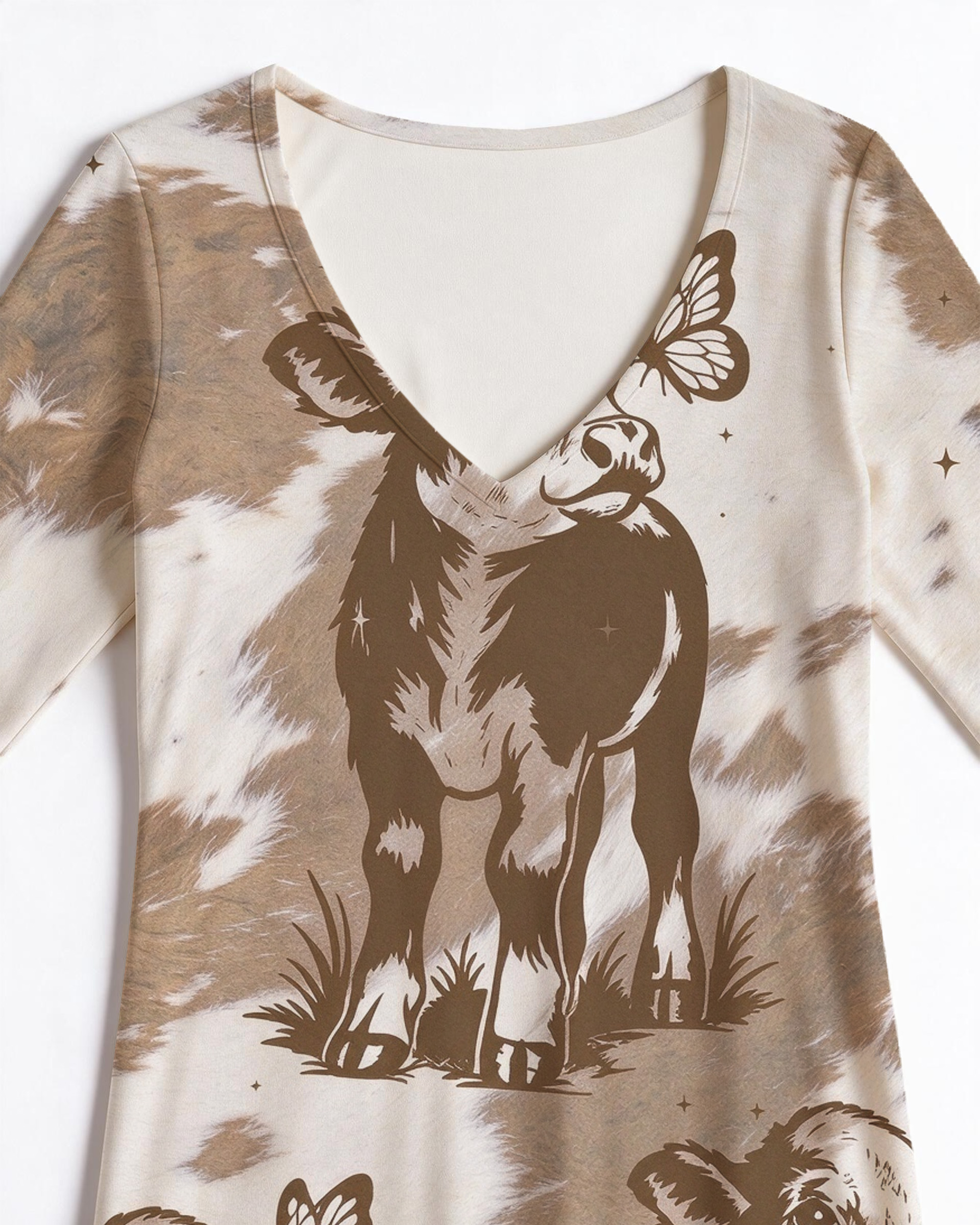 Cute calf butterfly Western V-Neck Printed Dress | Allover Print
