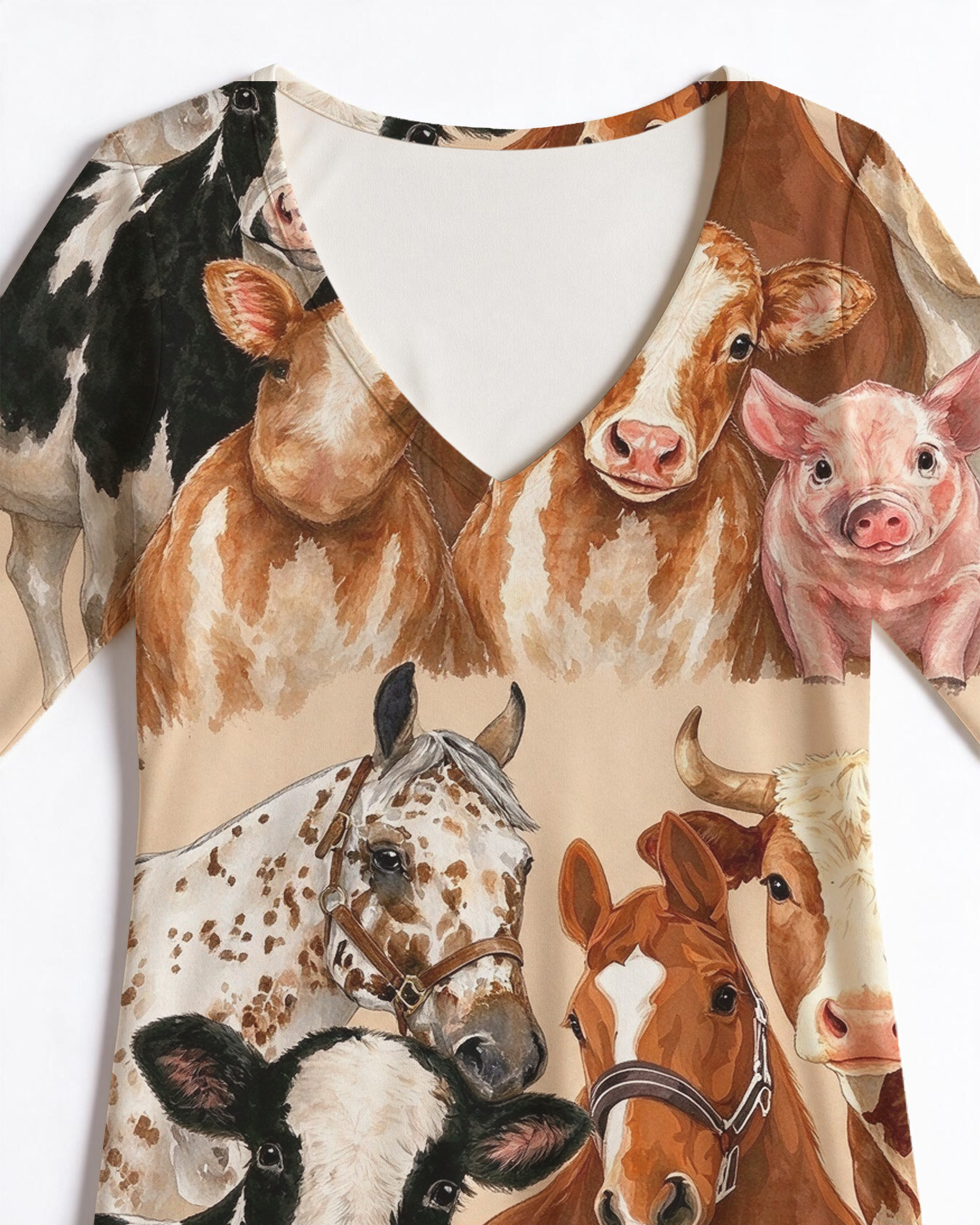 Dairy Cow Horse Cattle Group Western V-Neck Printed Dress | Allover Print
